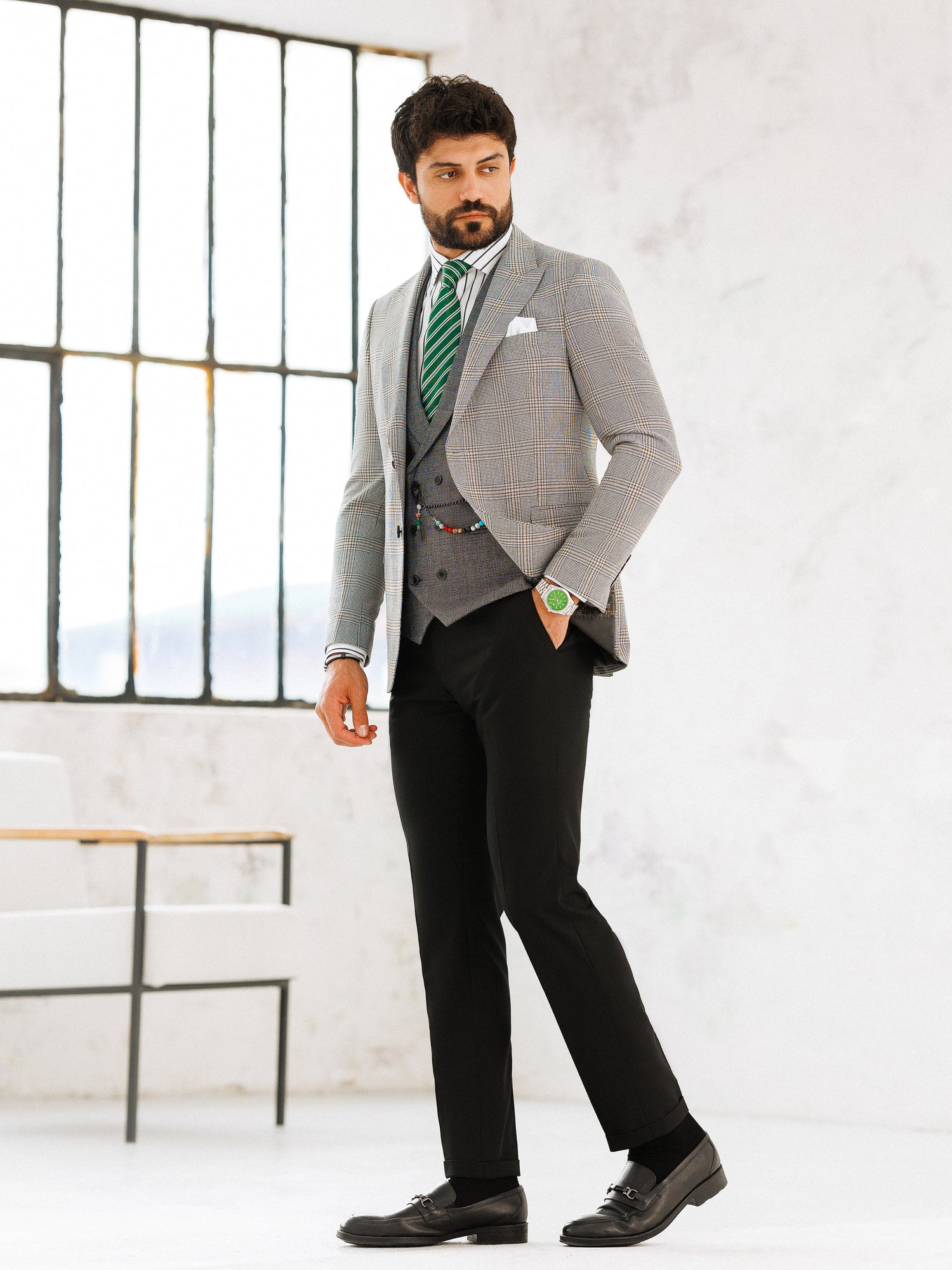 Grey Plaid Slim-Fit Suit 3-Piece