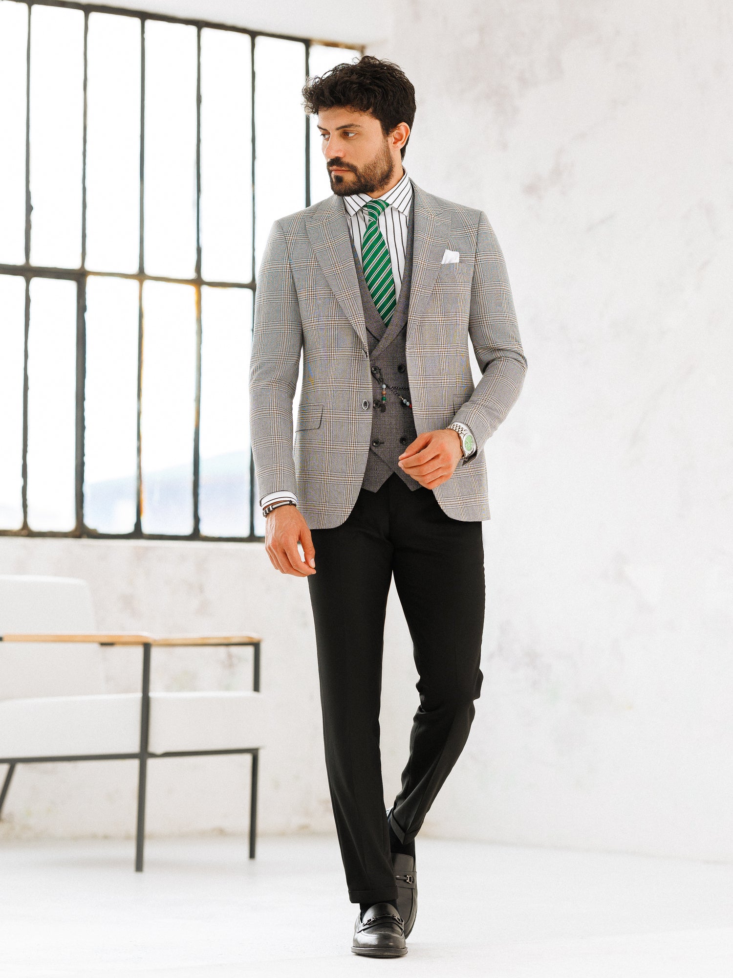 Grey Plaid Slim-Fit Suit 3-Piece