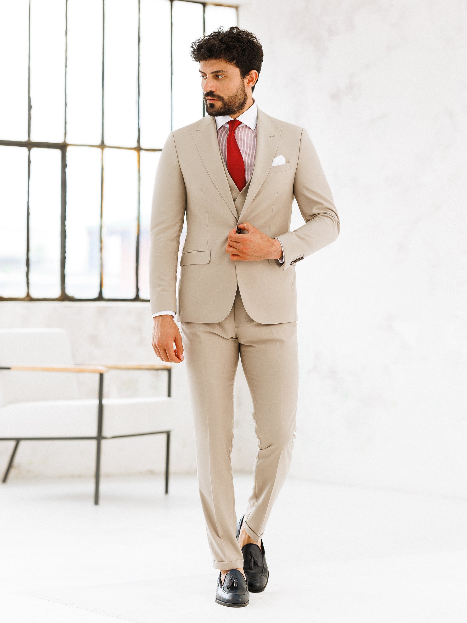 Beige Slim-Fit Suit 3-Piece