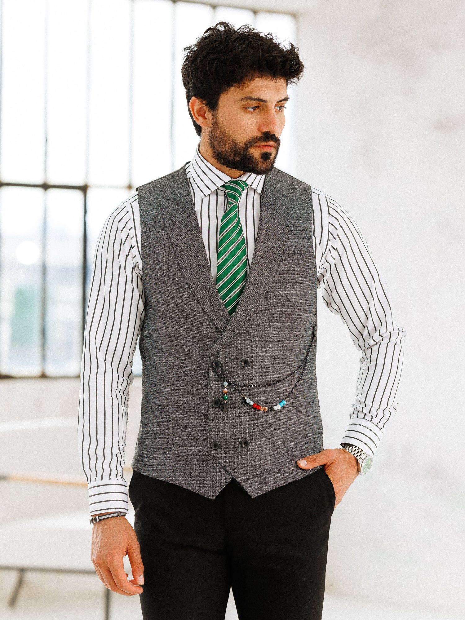 Grey Plaid Slim-Fit Suit 3-Piece