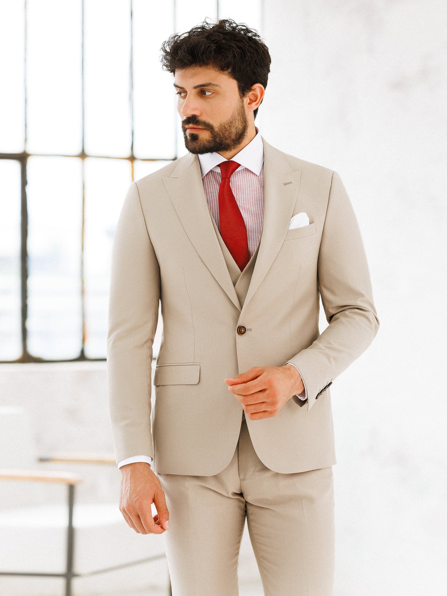 Beige Slim-Fit Suit 3-Piece
