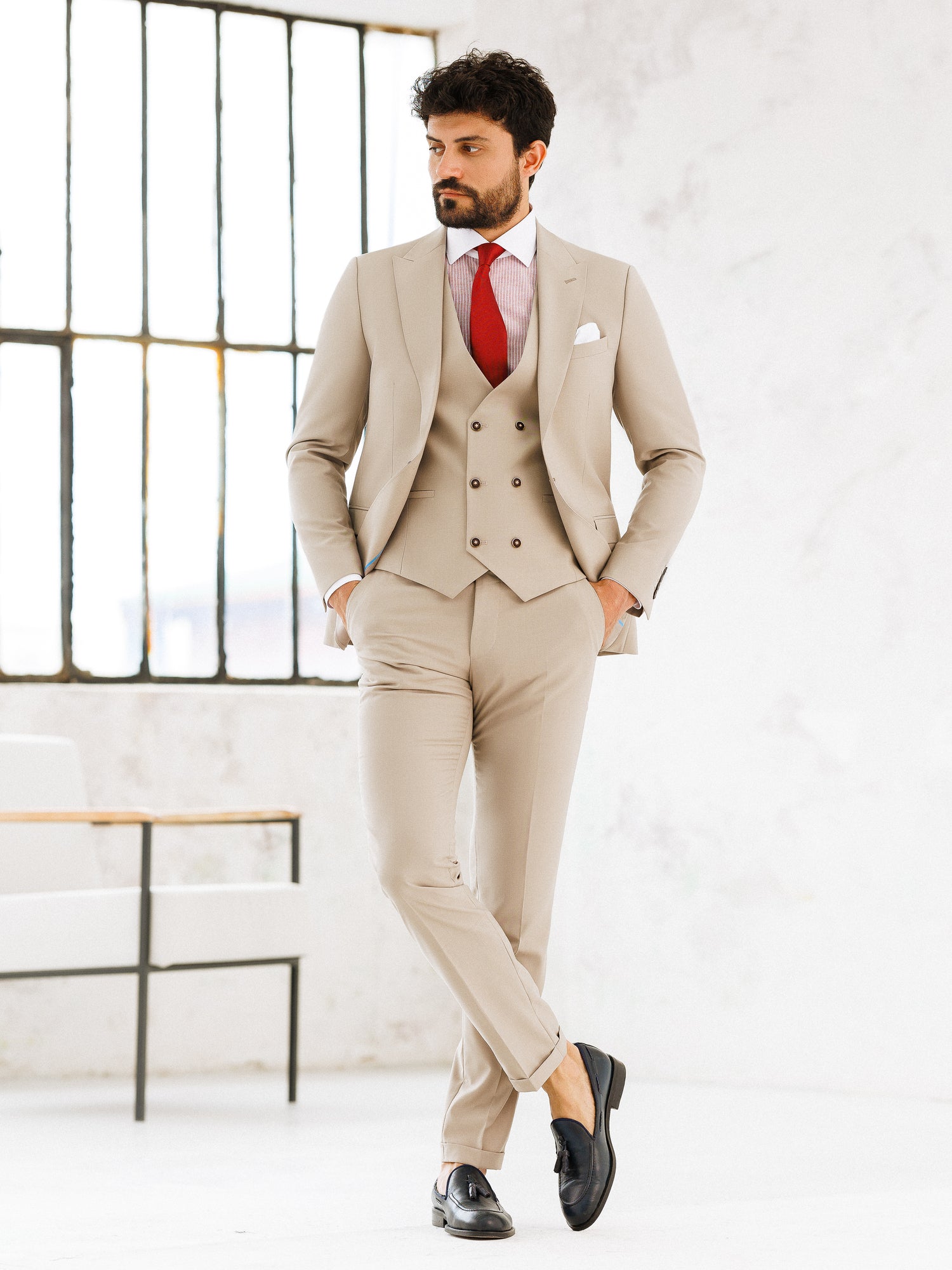 Beige Slim-Fit Suit 3-Piece