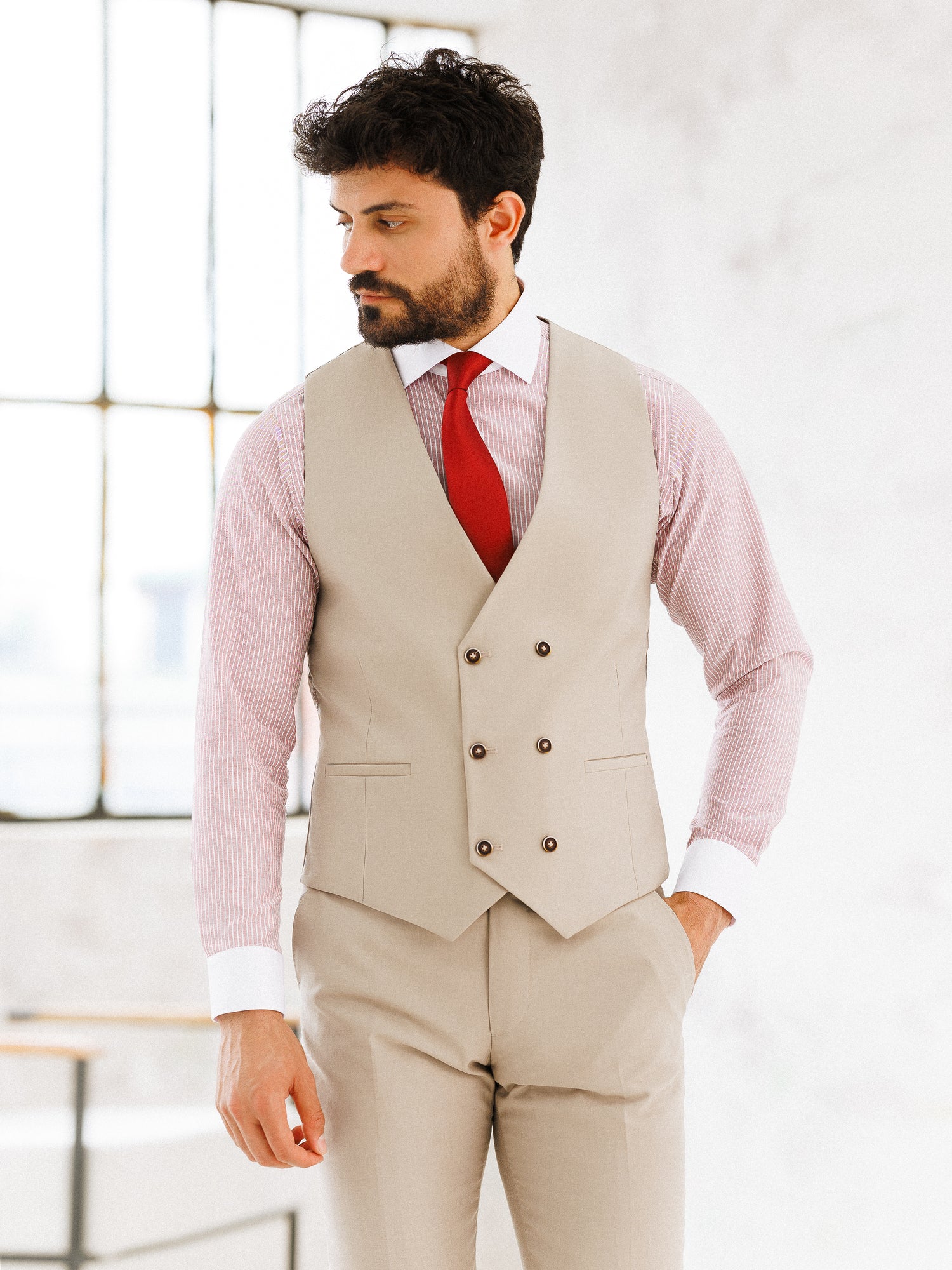 Beige Slim-Fit Suit 3-Piece