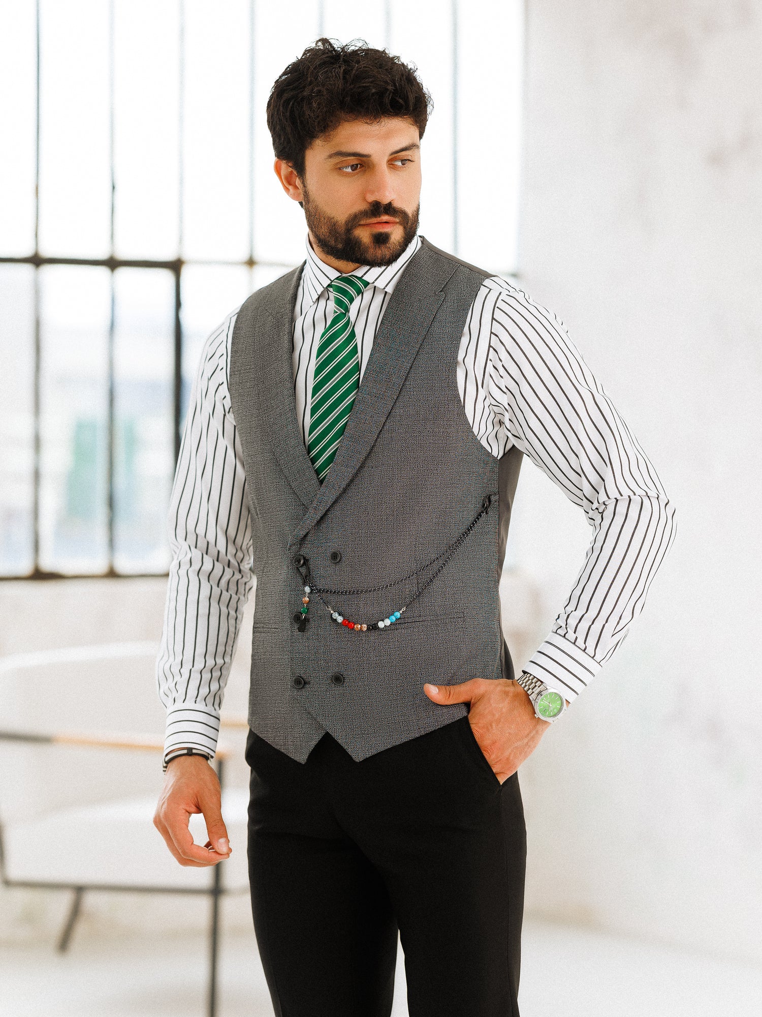 Grey Plaid Slim-Fit Suit 3-Piece