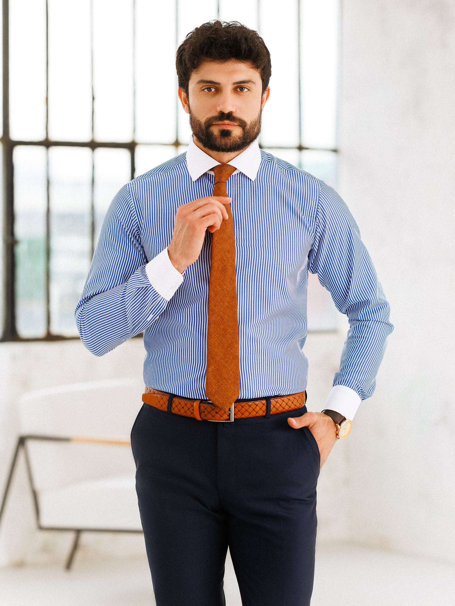 Blue Striped White Collar Shirt