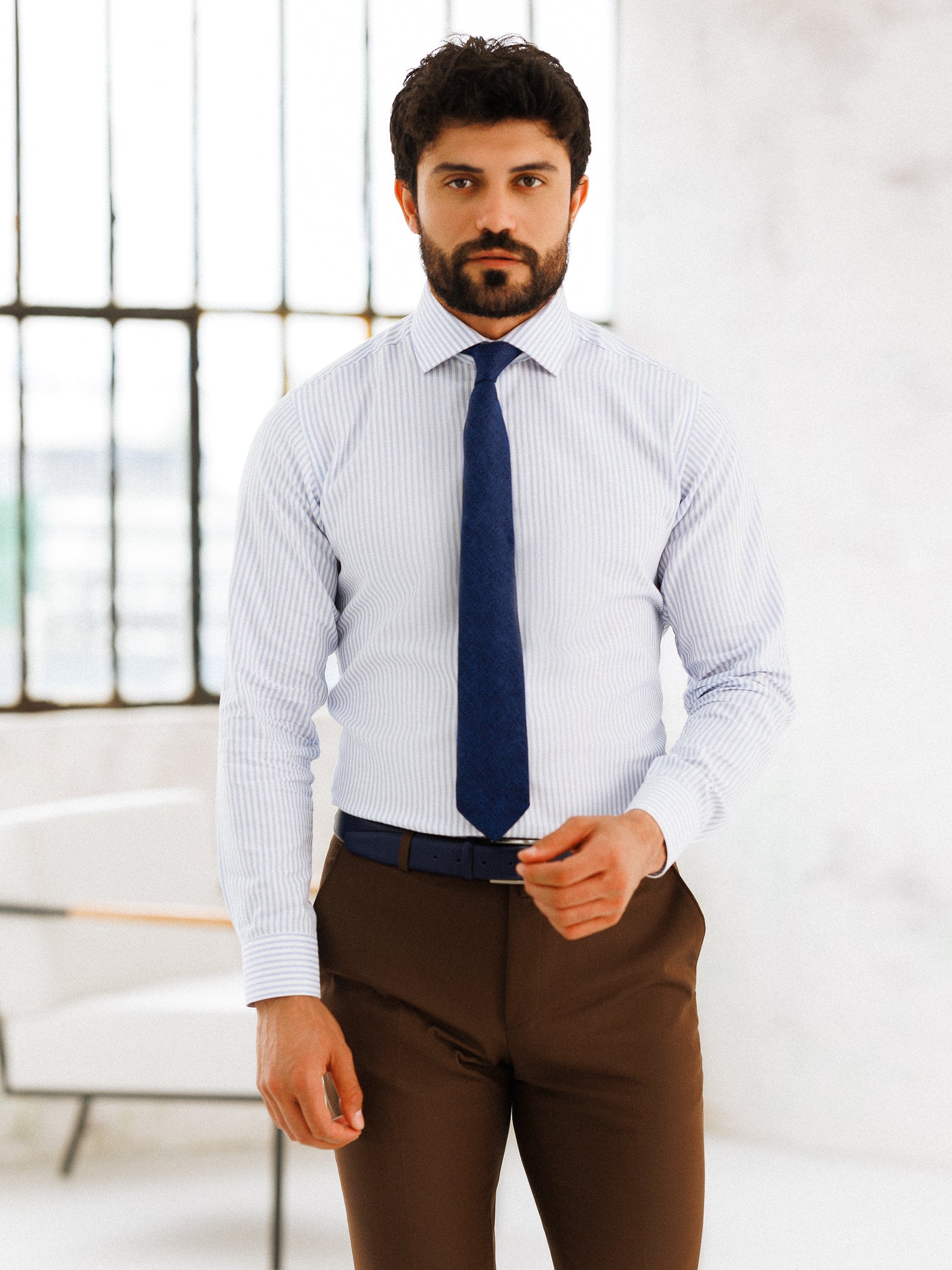 Sky-Blue Striped Spread Collar Shirt