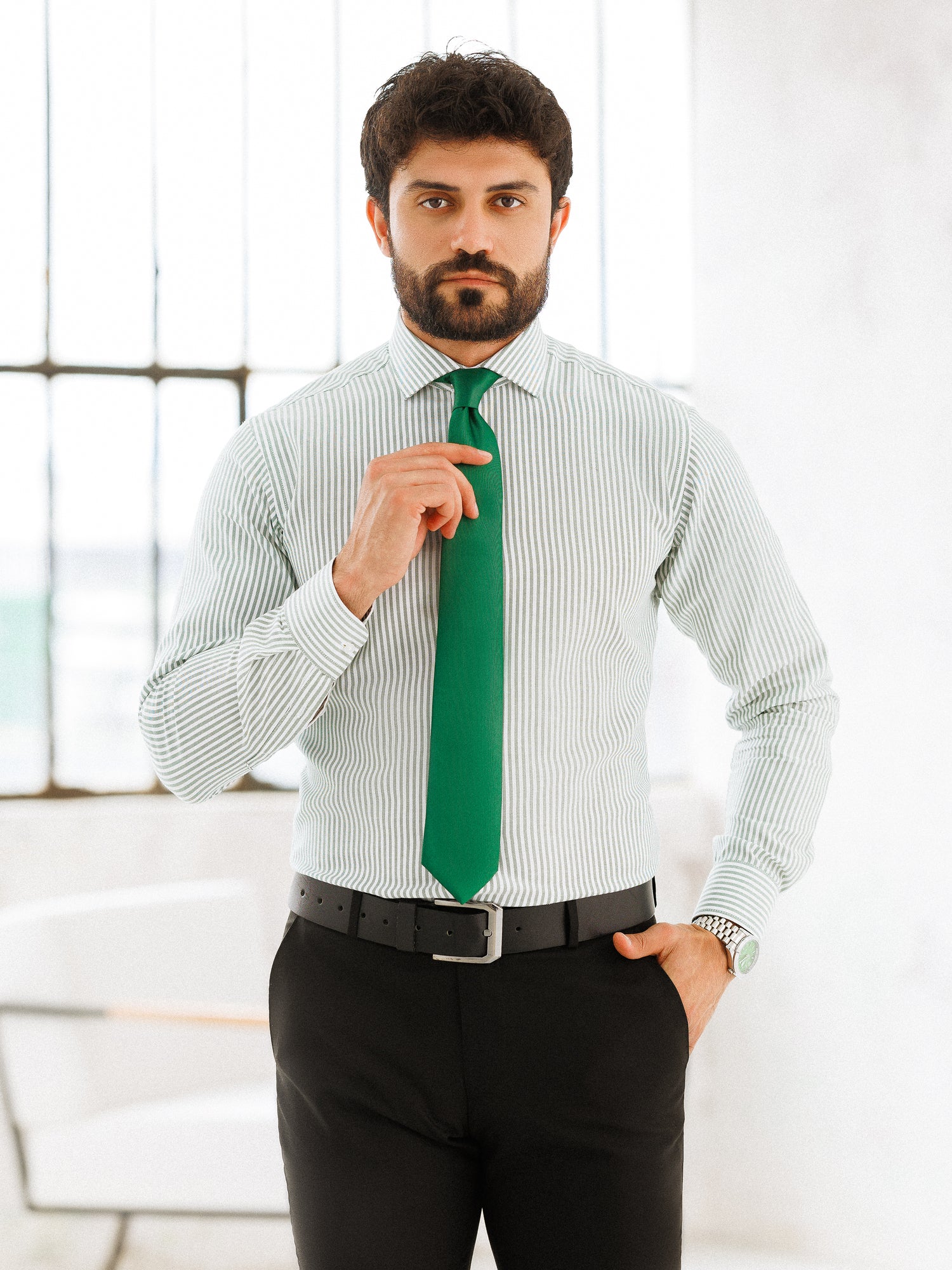 Green Striped Spread Collar Shirt