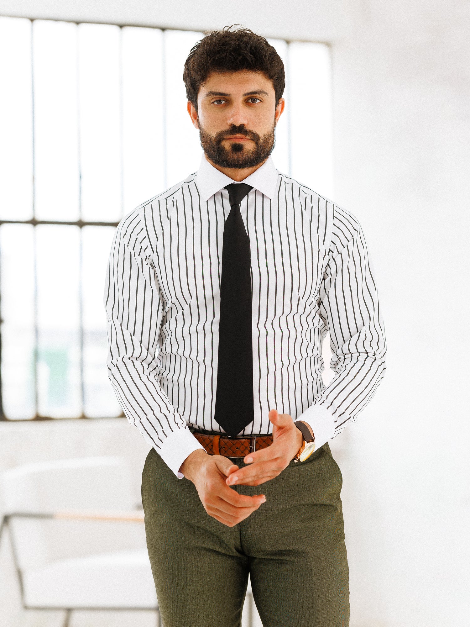 White-Black Striped White Collar Shirt