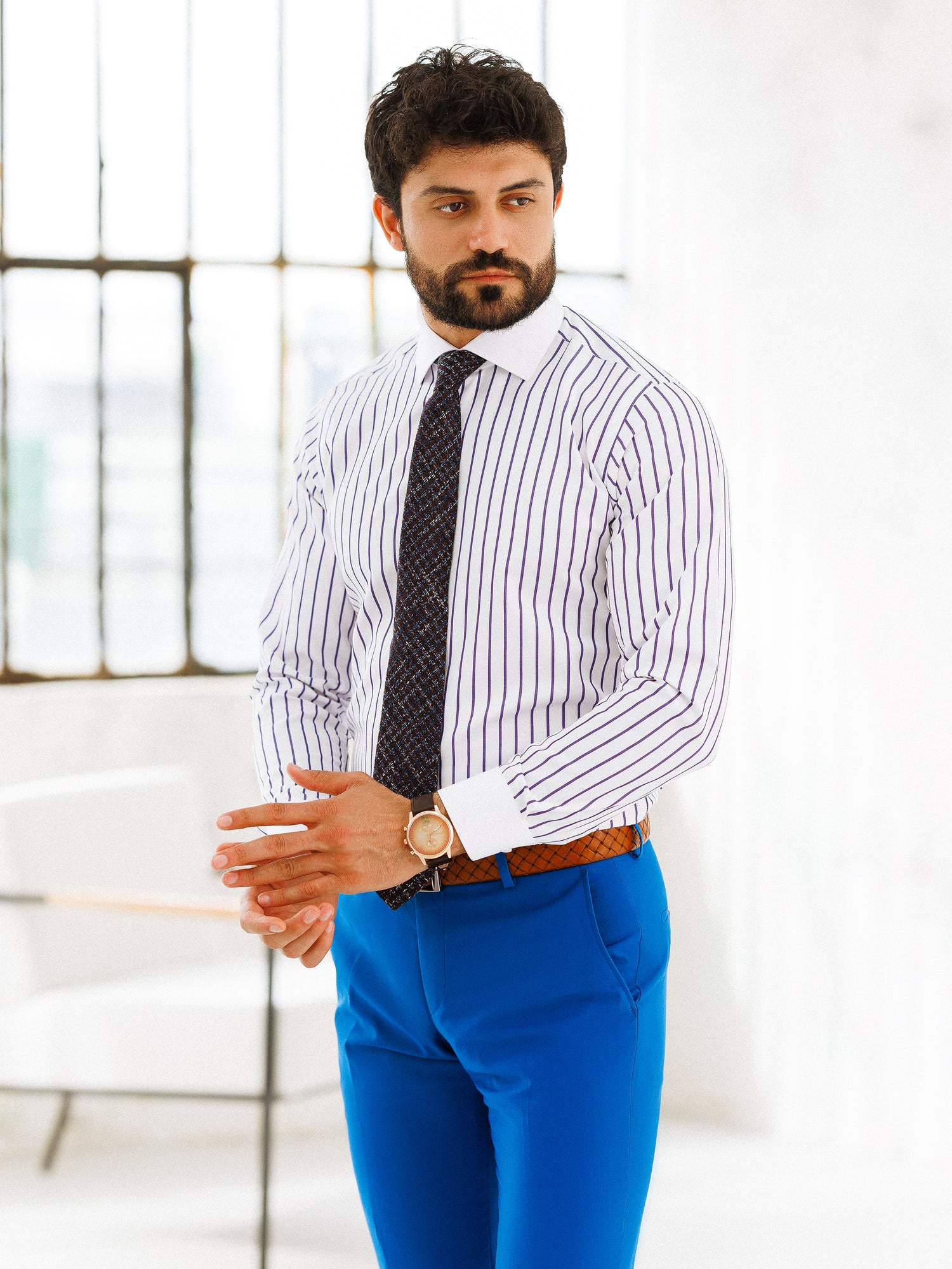 White-Purple Striped White Collar Shirt