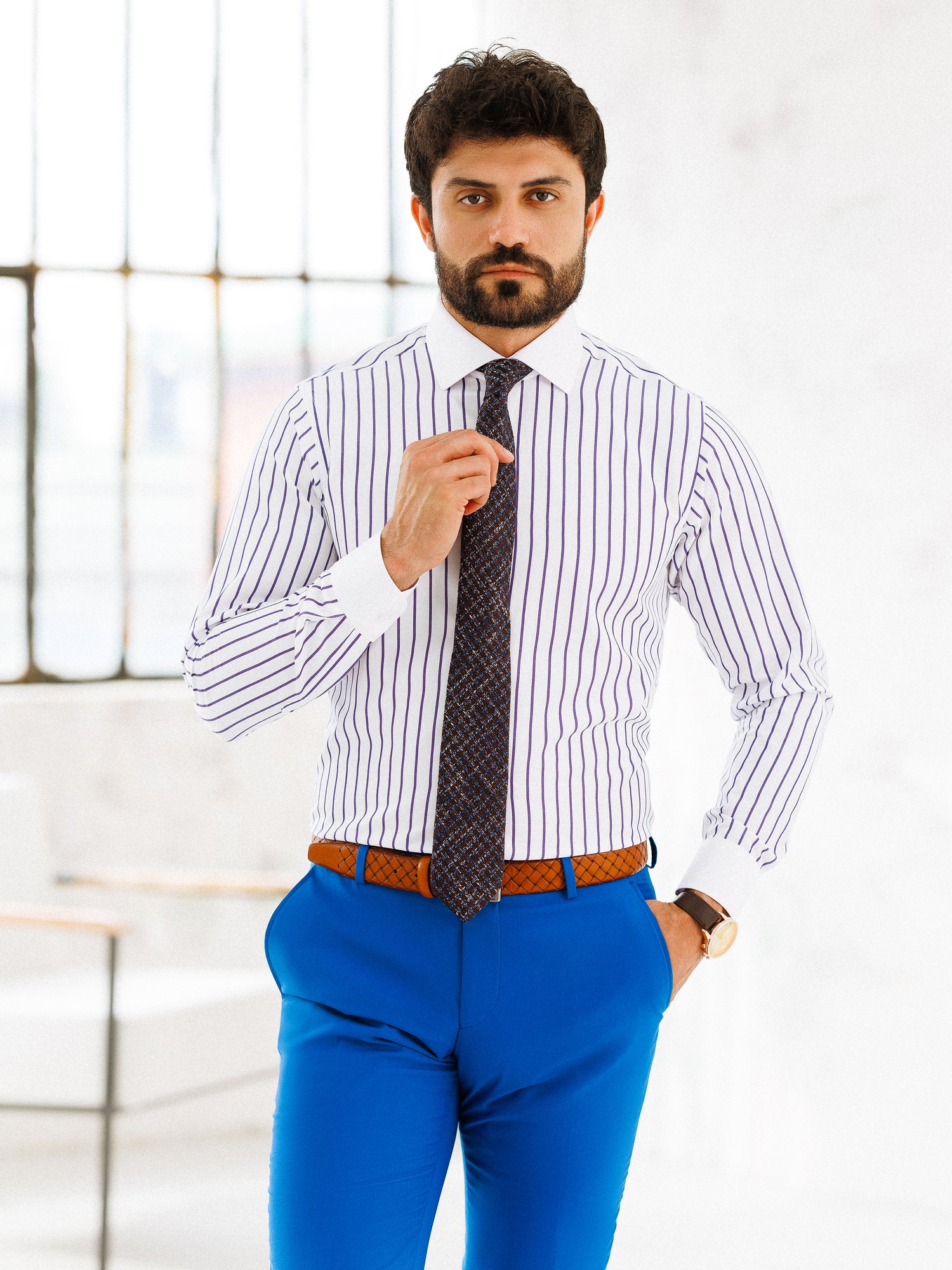 White-Purple Striped White Collar Shirt