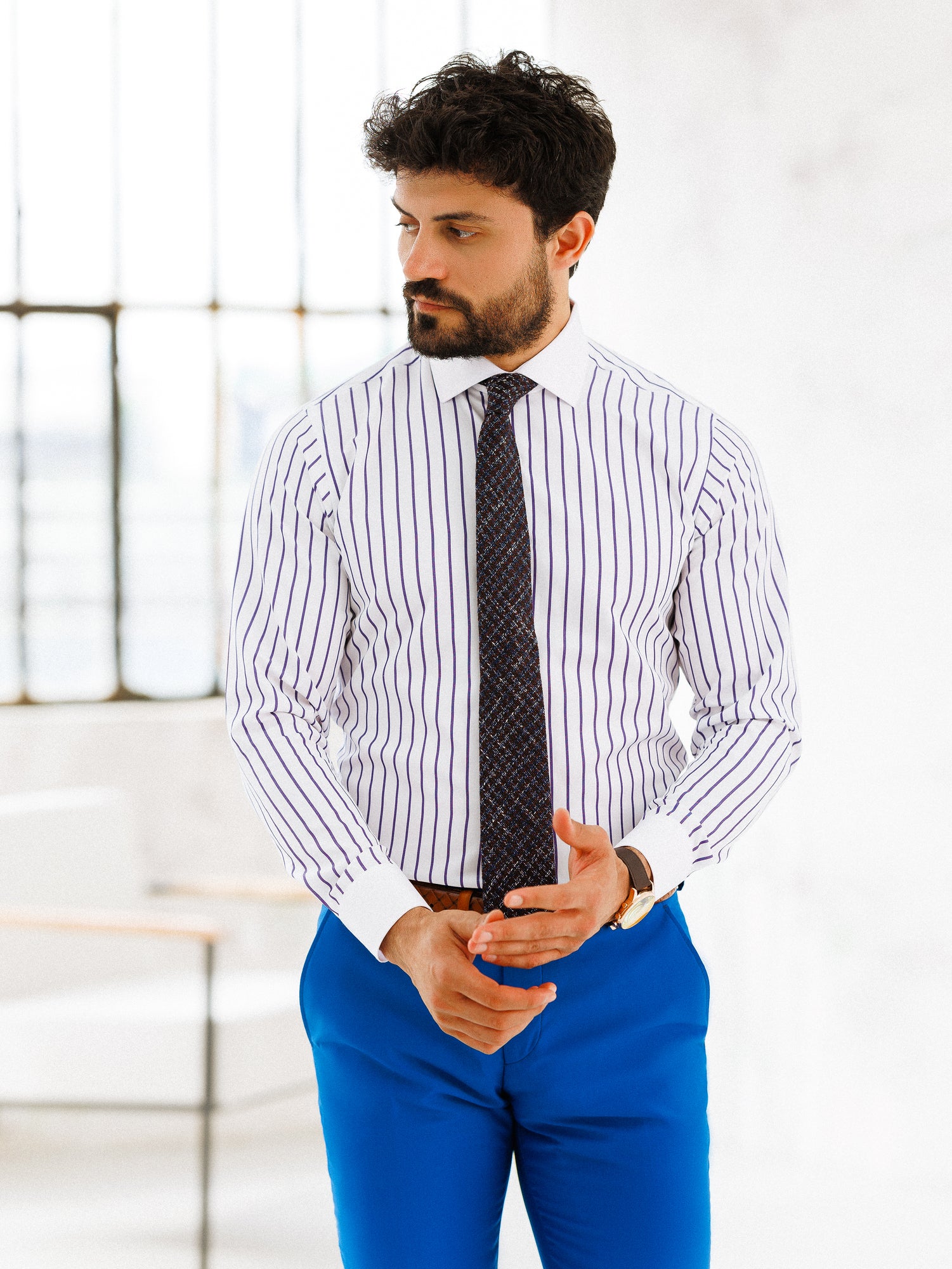 White-Purple Striped White Collar Shirt