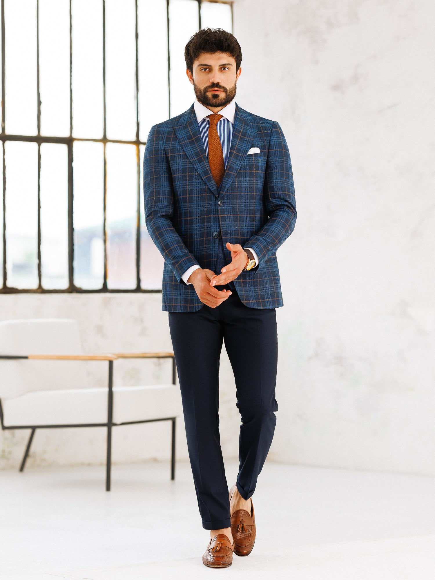 Navy Plaid Slim-Fit Suit 3-Piece