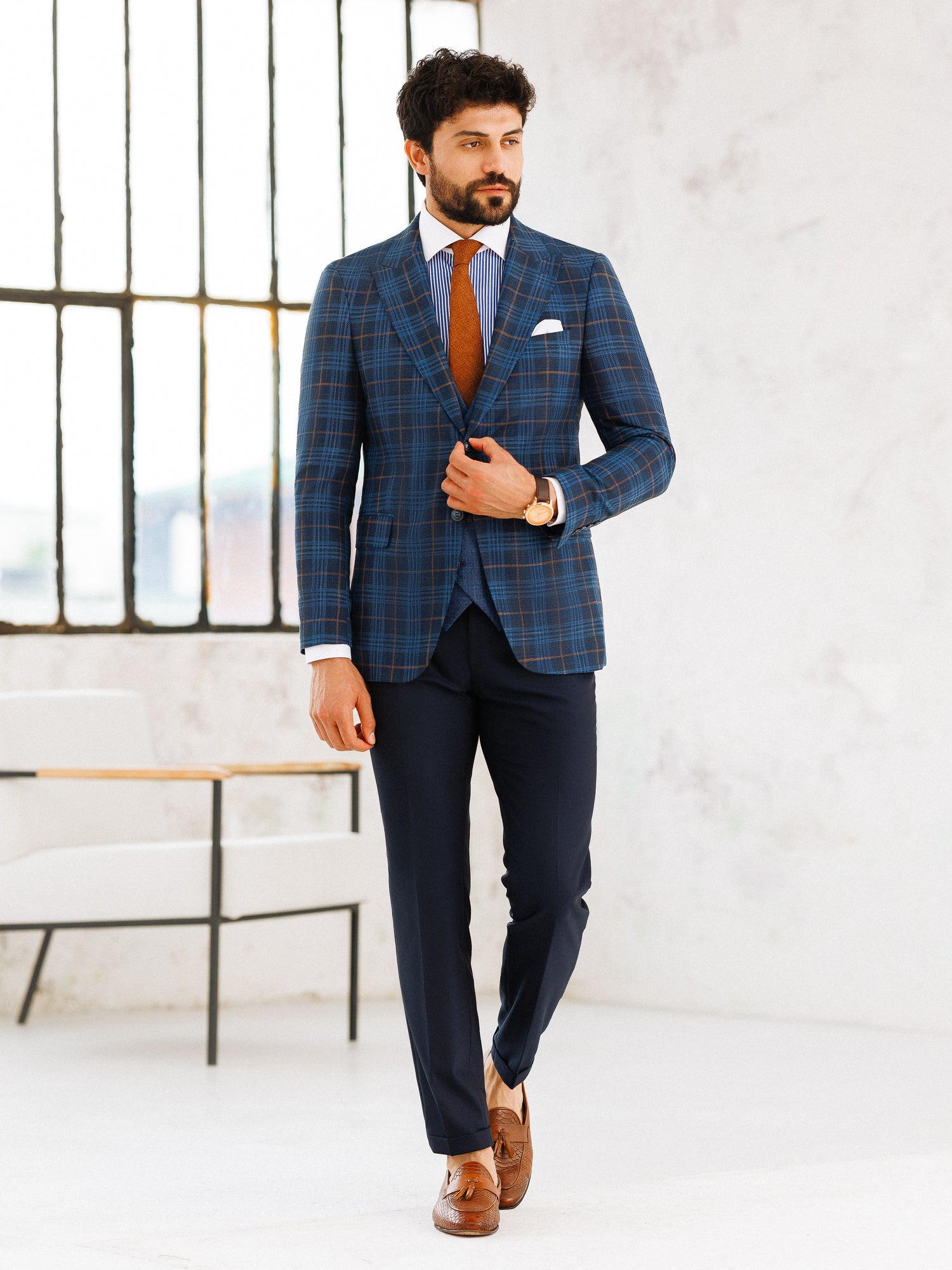 Navy Plaid Slim-Fit Suit 3-Piece