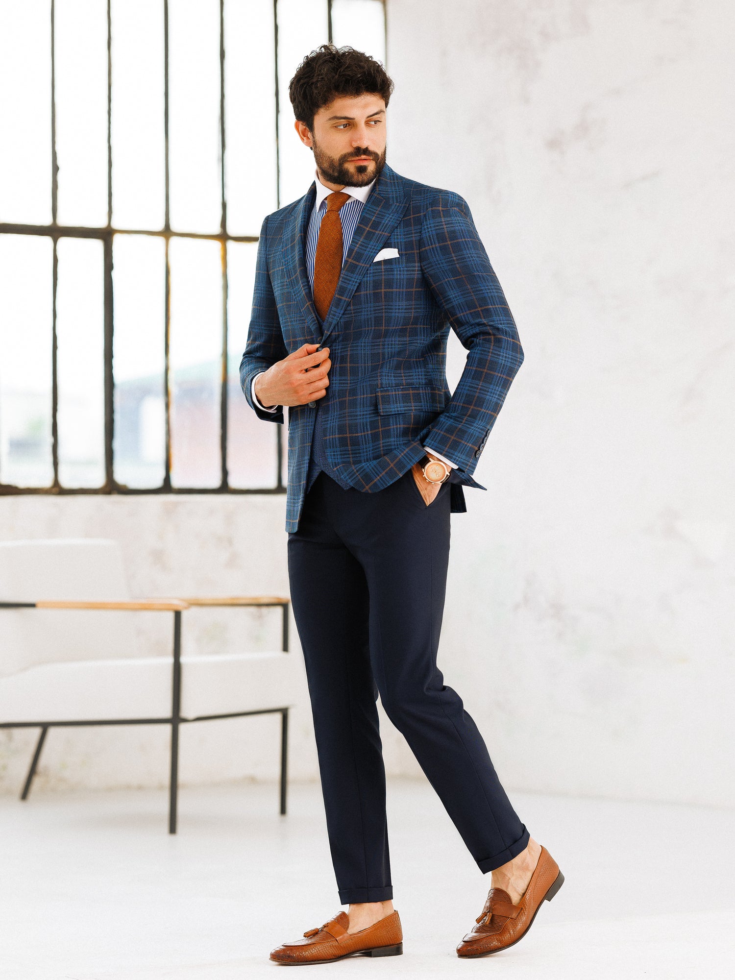 Navy Plaid Slim-Fit Suit 3-Piece