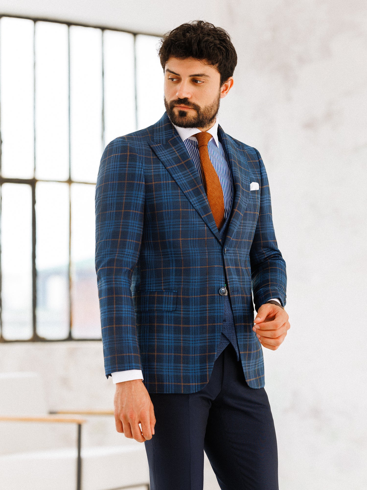 Navy Plaid Slim-Fit Suit 3-Piece