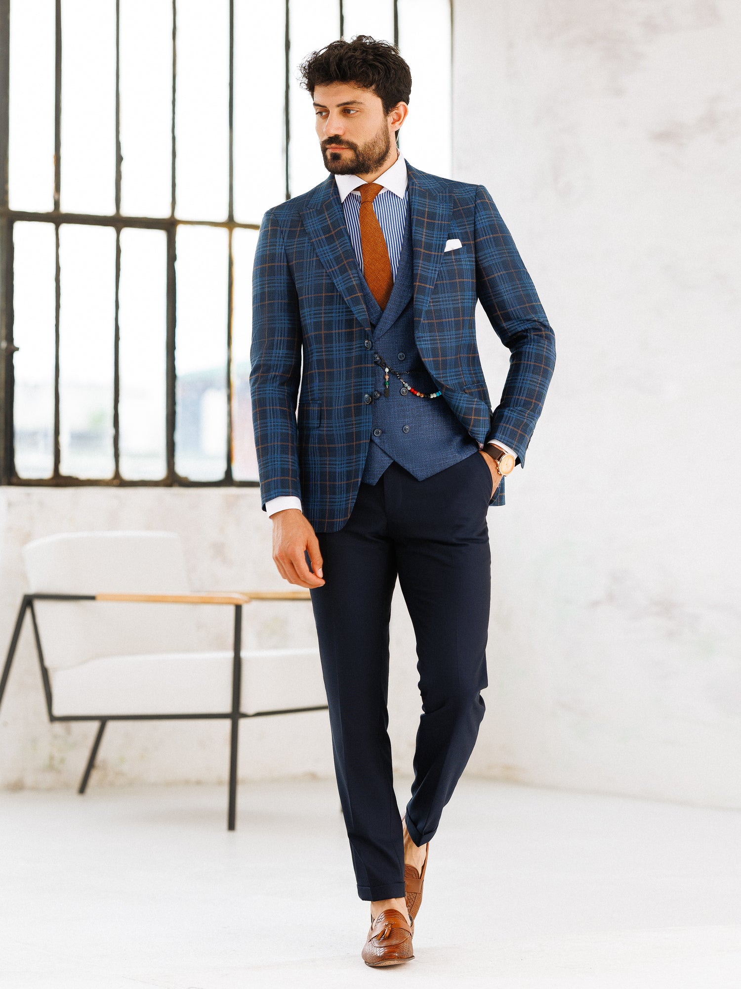 Navy Plaid Slim-Fit Suit 3-Piece