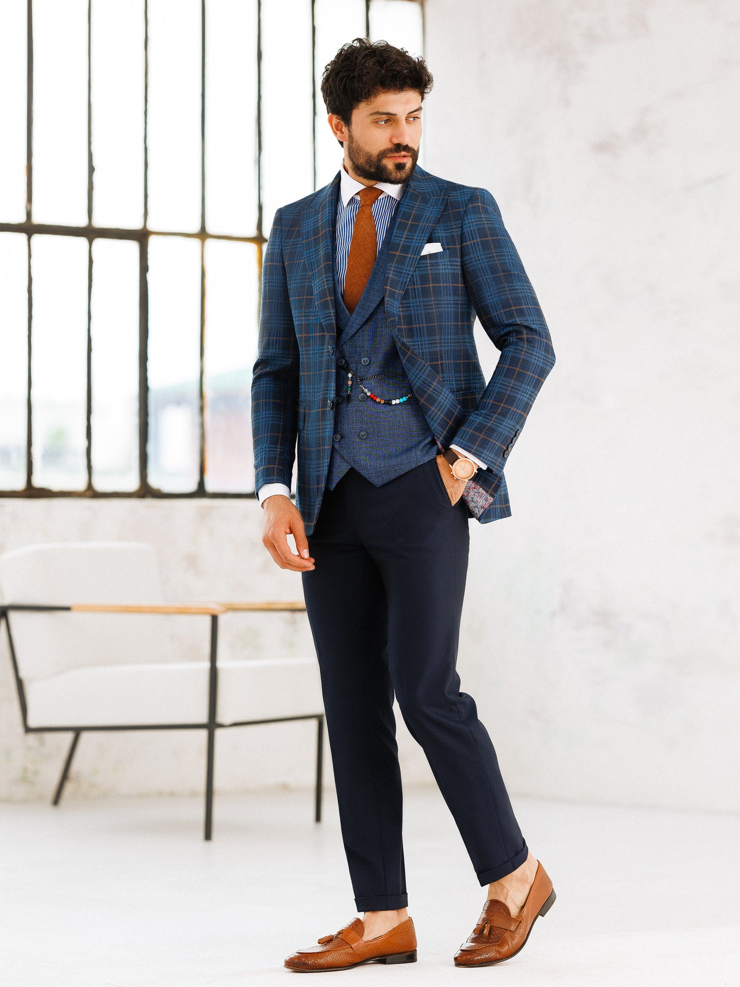 Navy Plaid Slim-Fit Suit 3-Piece