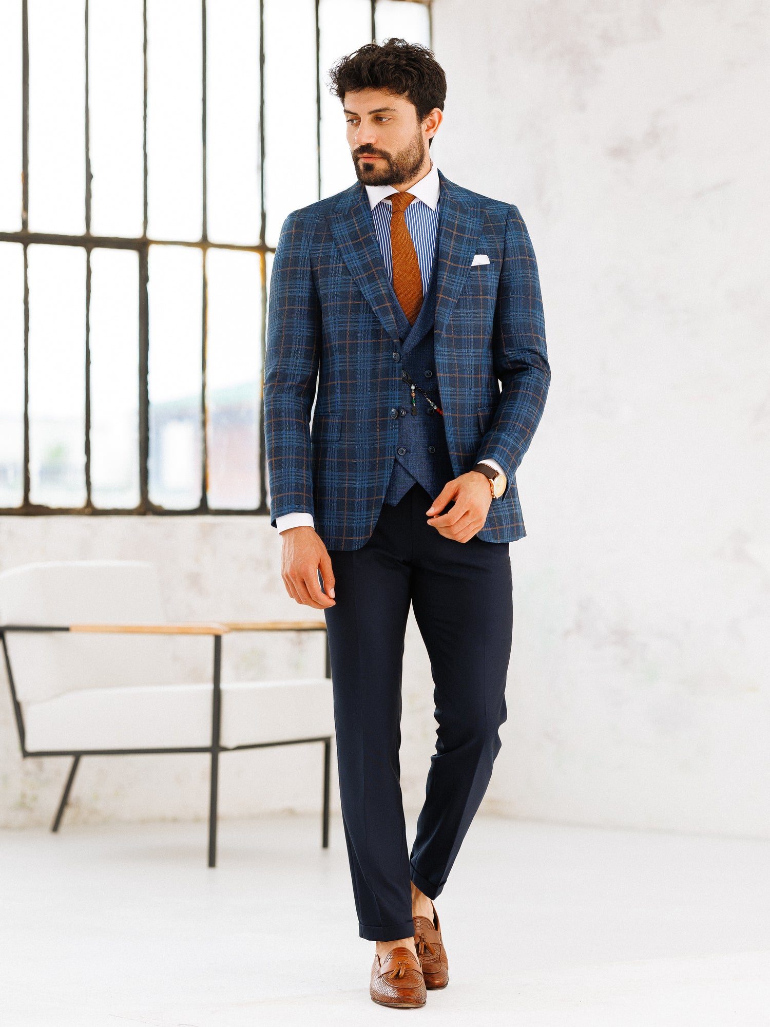 Navy Plaid Slim-Fit Suit 3-Piece