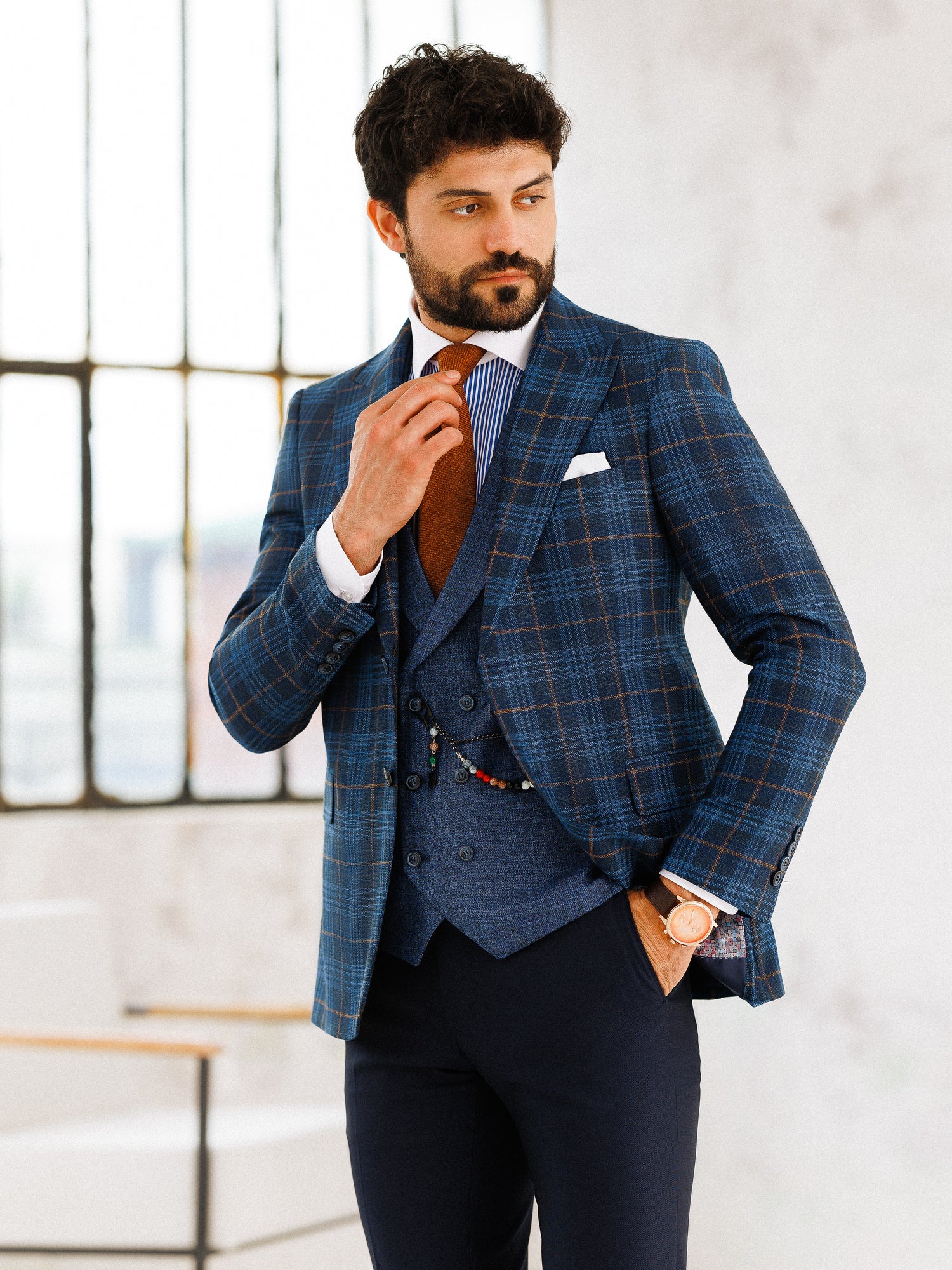 Navy Plaid Slim-Fit Suit 3-Piece