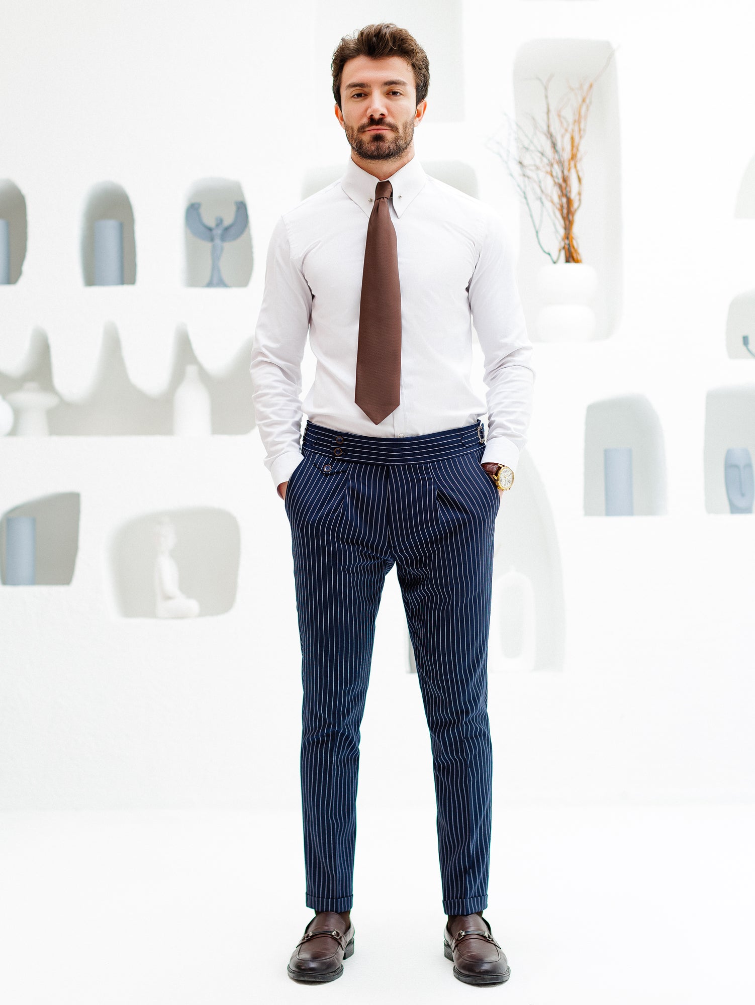 Navy Striped High Waist Slim-Fit Pants
