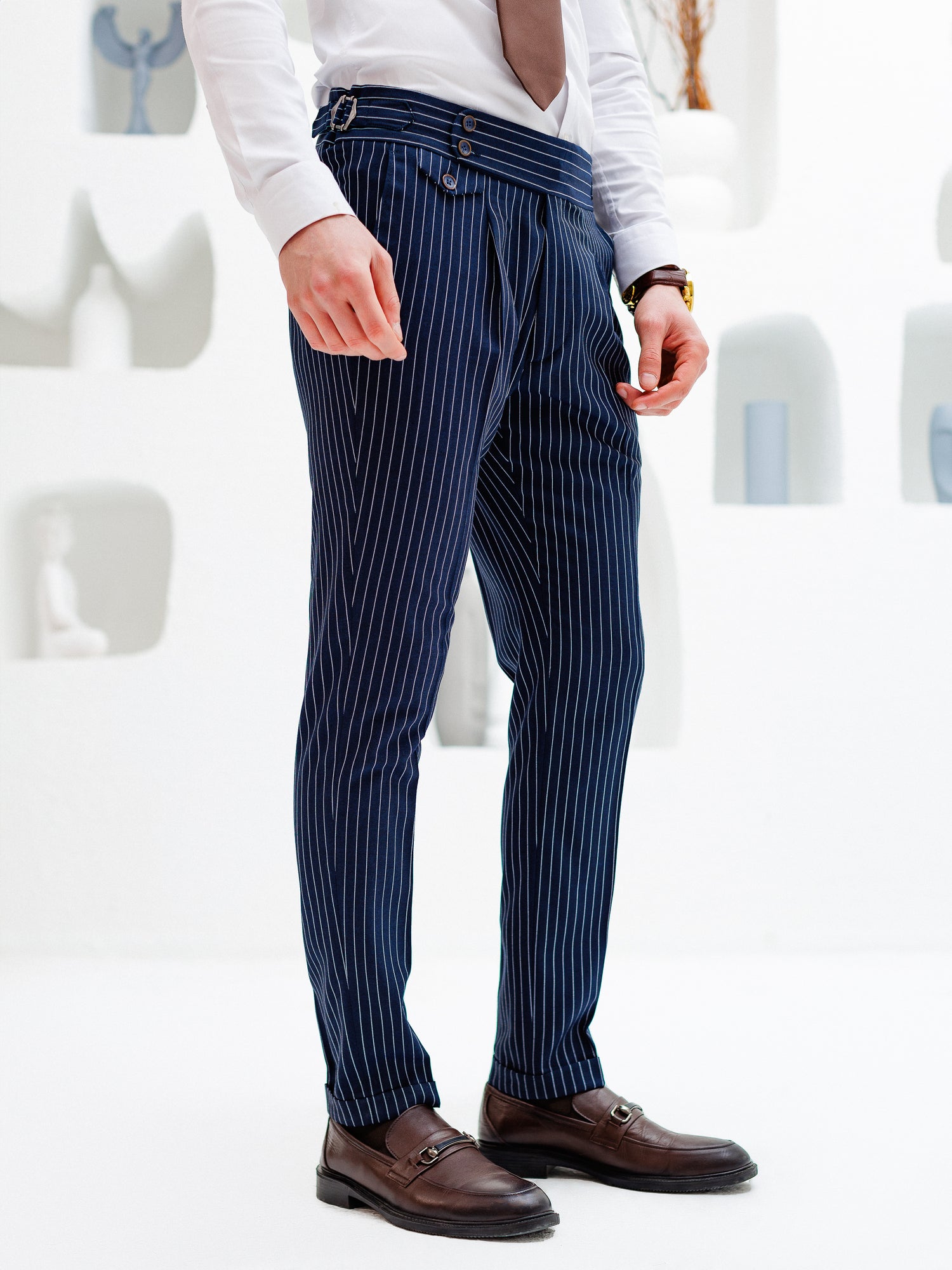 Navy Striped High Waist Slim-Fit Pants