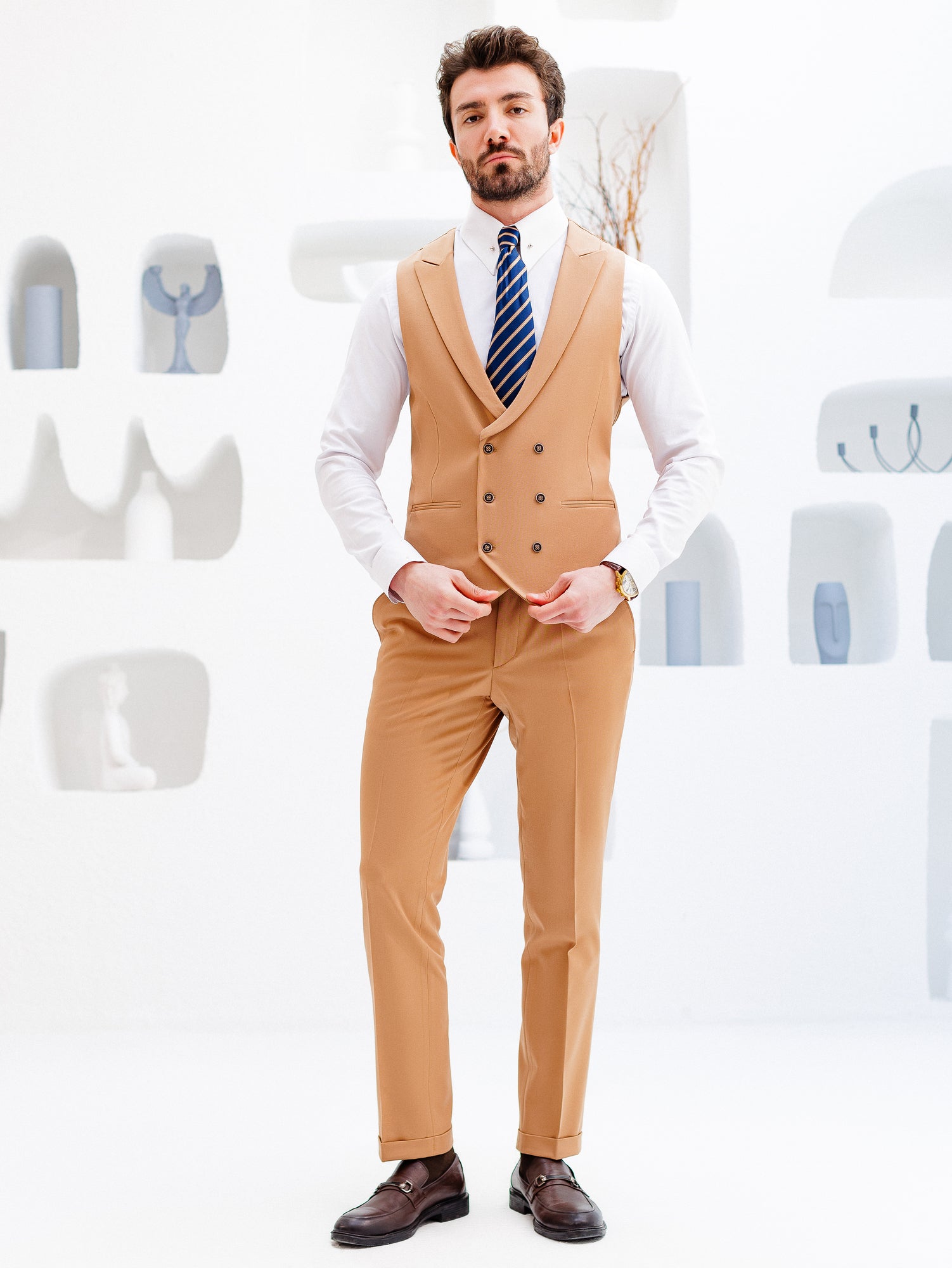 Camel Mid Waist Slim-Fit Pants