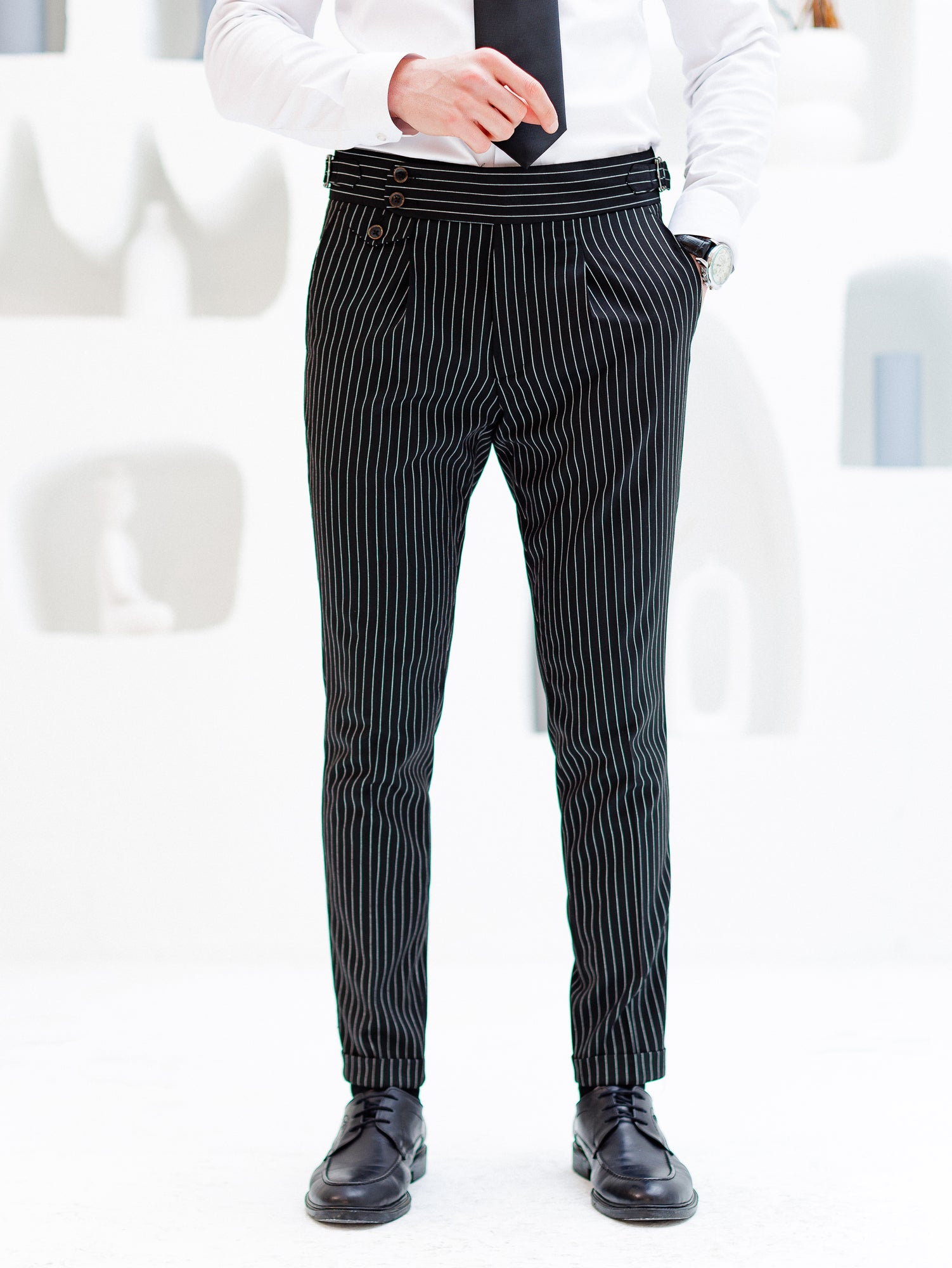 Black Striped High Waist Slim-Fit Pants