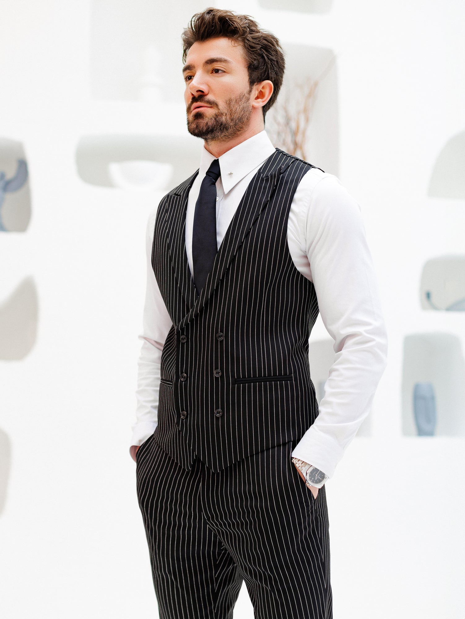Black Striped Slim-Fit Suit 3-Piece