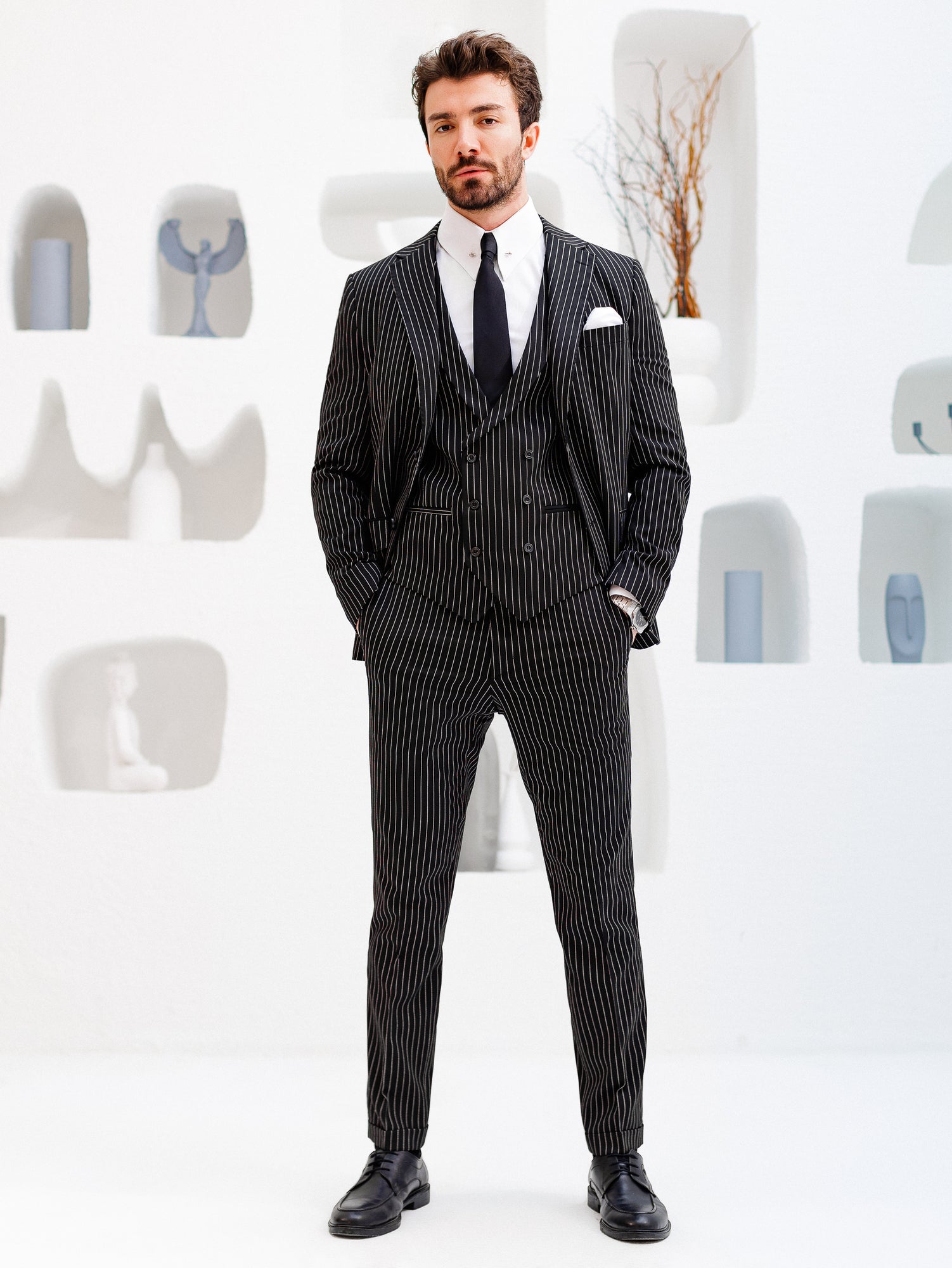 Black Striped Slim-Fit Suit 3-Piece