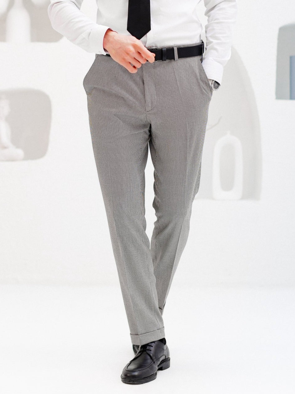 White Houndstooth Mid Waist Slim-Fit Pants