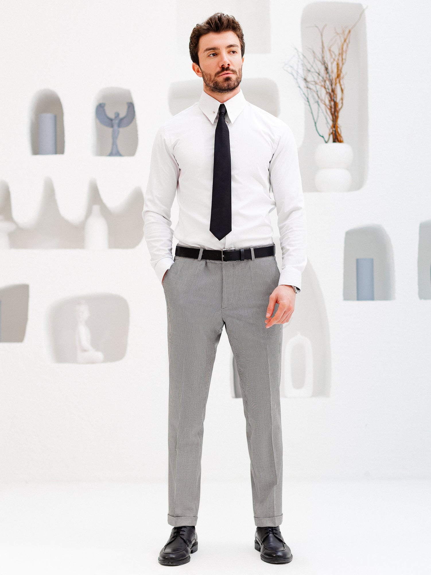 White Houndstooth Mid Waist Slim-Fit Pants