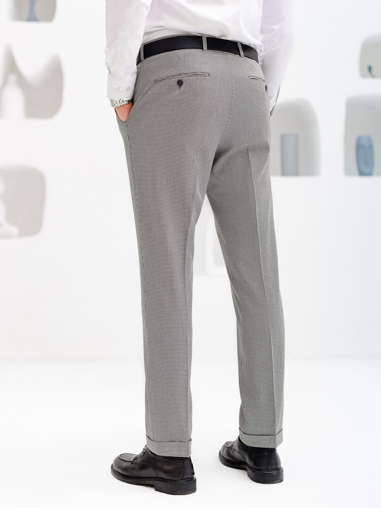 White Houndstooth Mid Waist Slim-Fit Pants