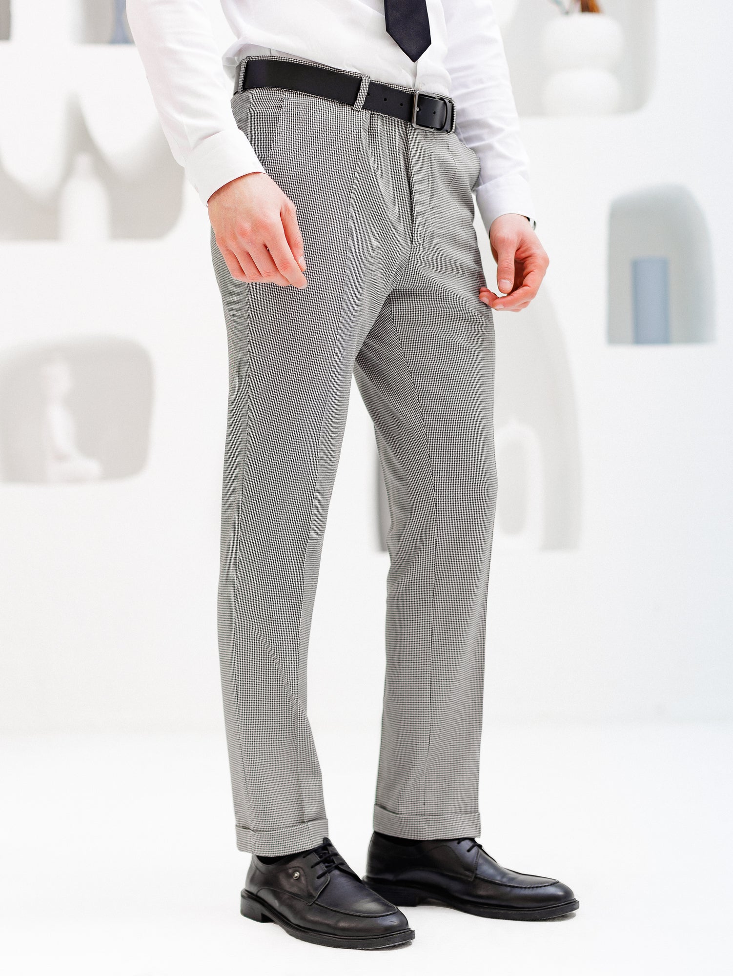 White Houndstooth Mid Waist Slim-Fit Pants