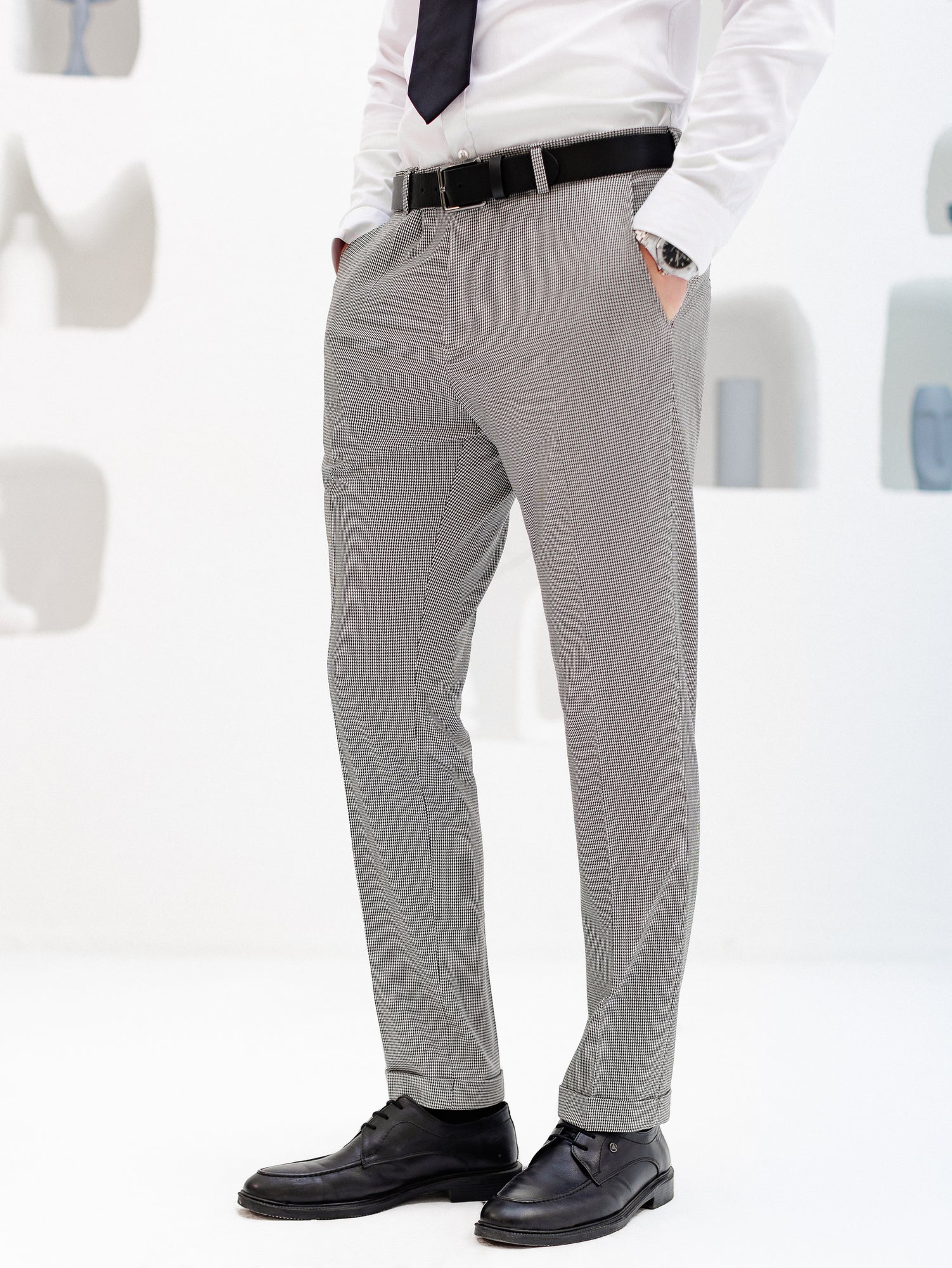 White Houndstooth Mid Waist Slim-Fit Pants