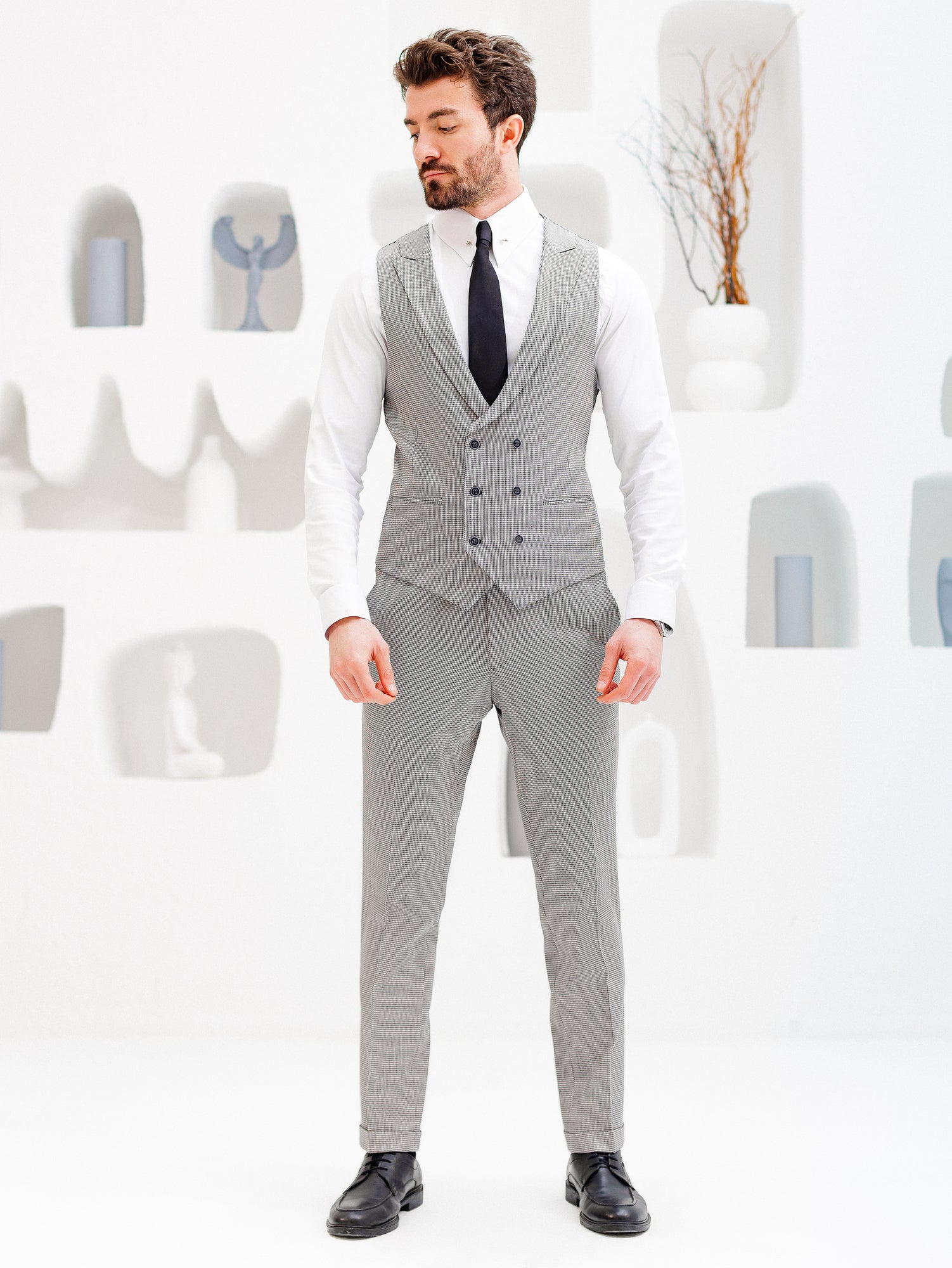 White Houndstooth Double Breasted Vest