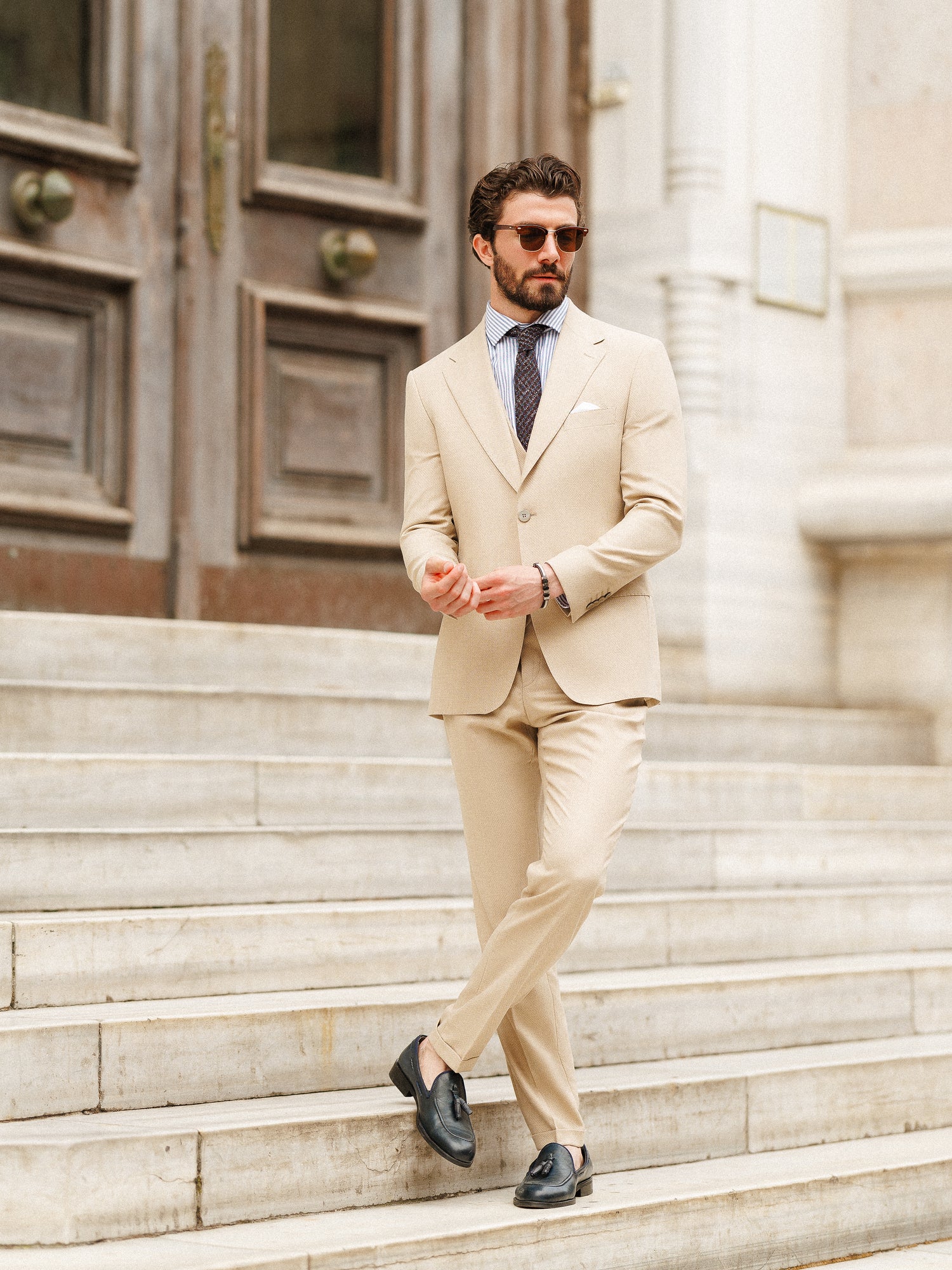 Beige Slim-Fit Suit 3-Piece