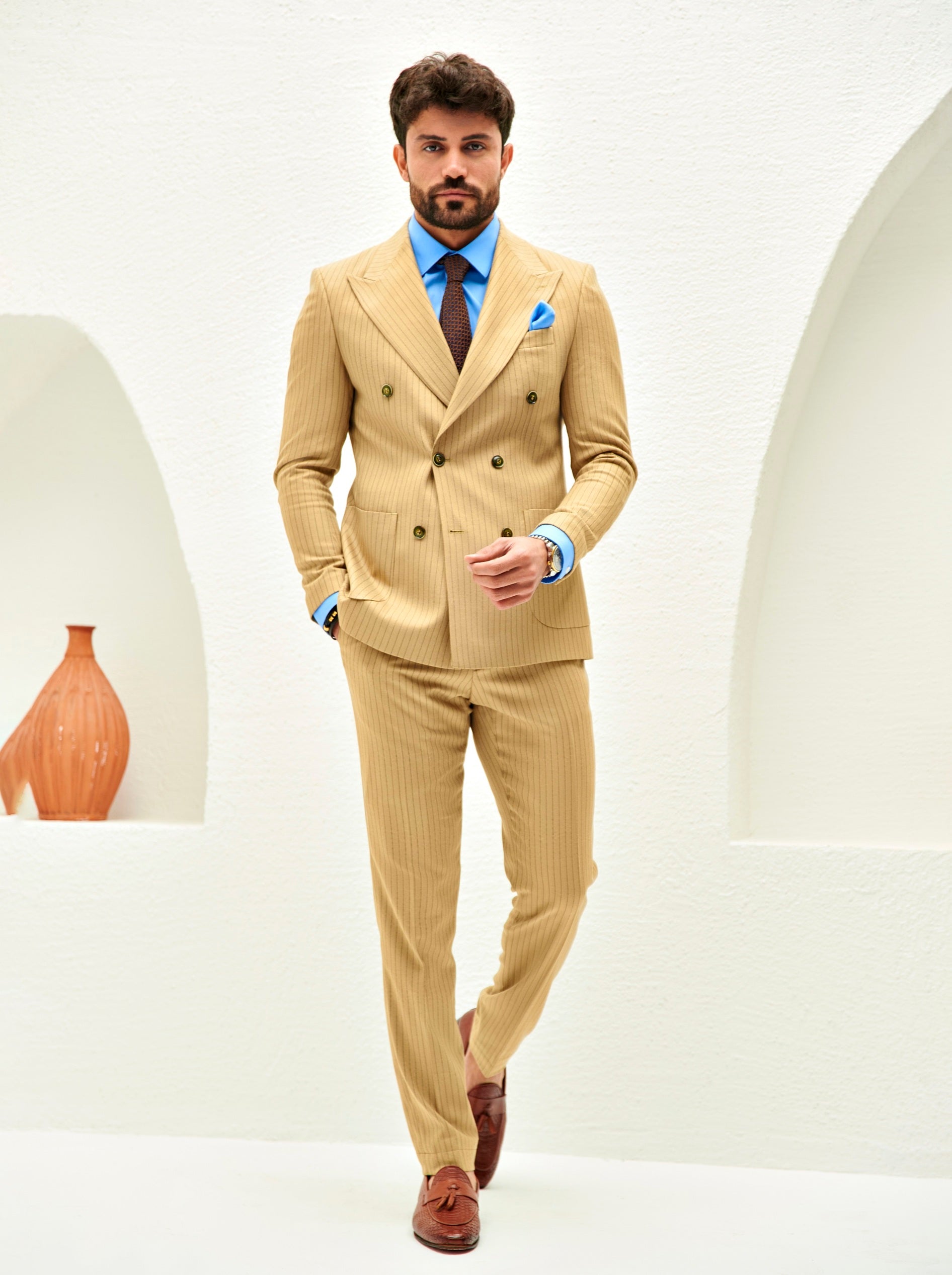Camel Striped Double Breasted Suit 2-Piece