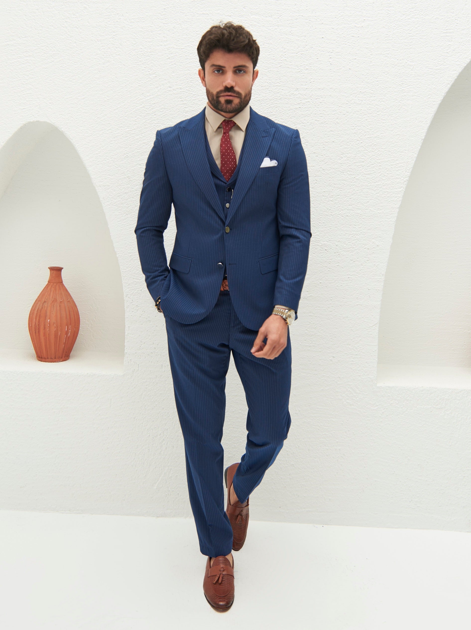 Navy Striped Slim-Fit Suit 3-Piece