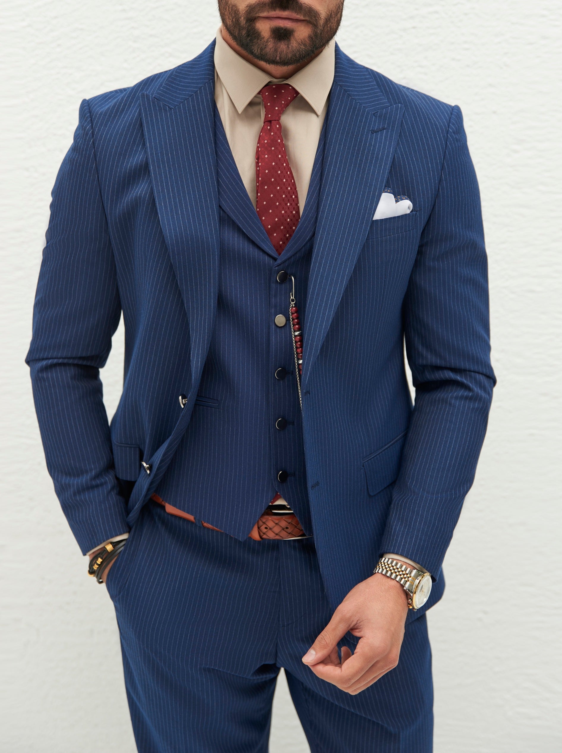 Navy Striped Slim-Fit Suit 3-Piece