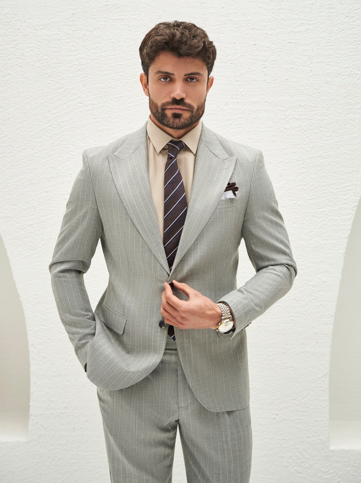Grey Striped Slim-Fit Suit 2-Piece
