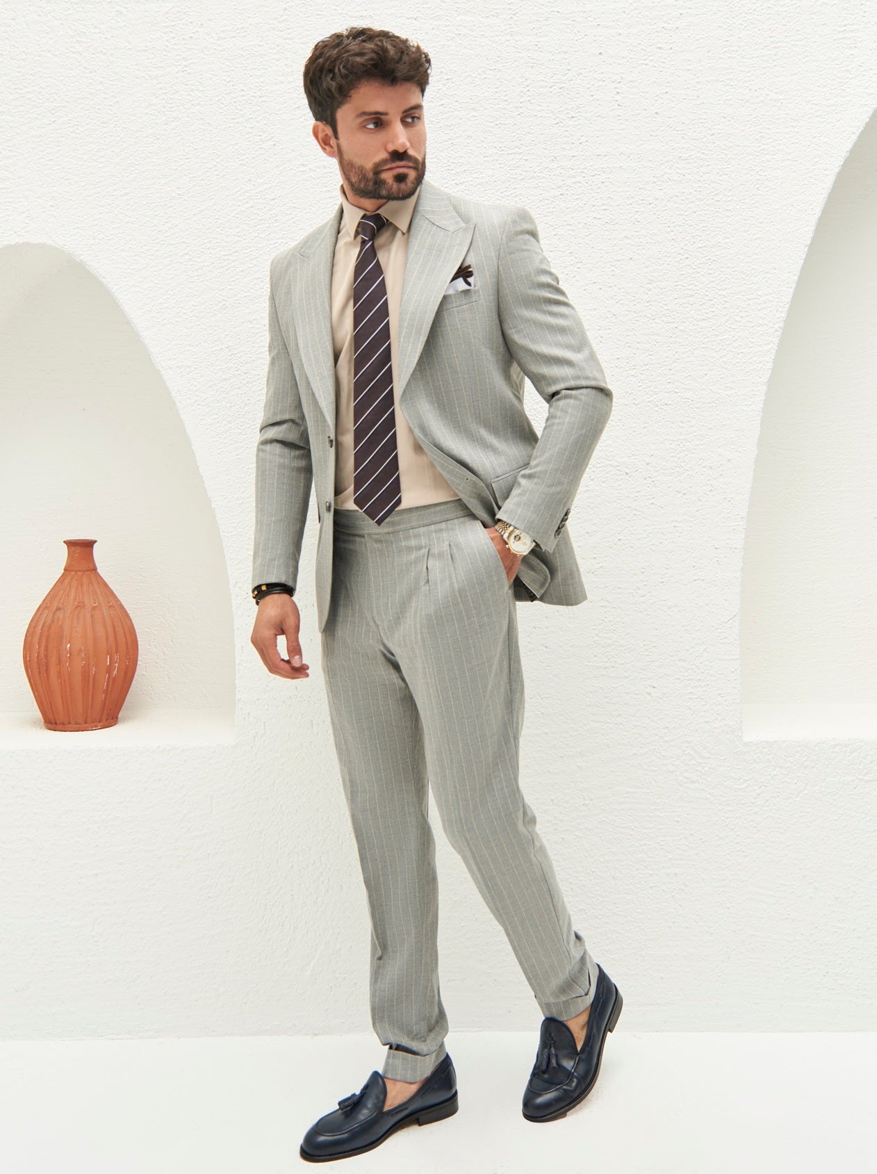 Grey Striped Slim-Fit Suit 2-Piece