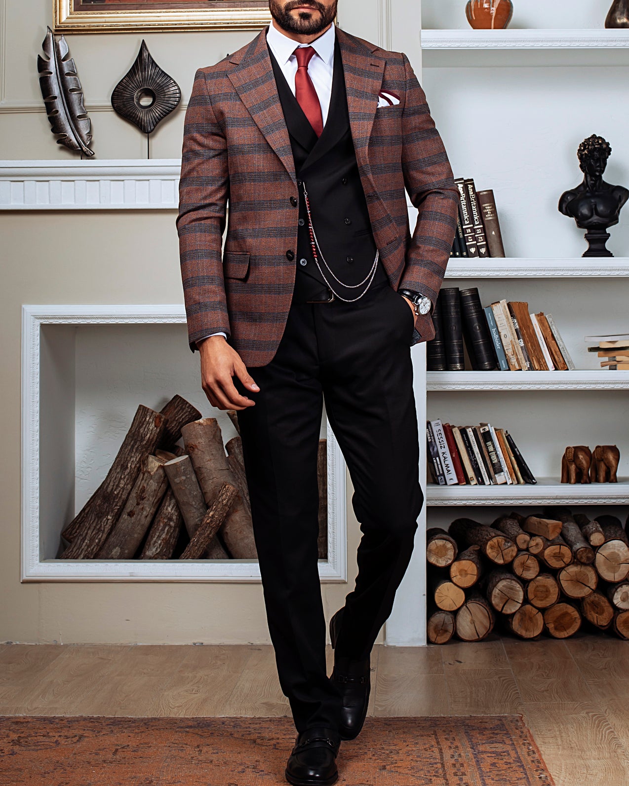 Brown Plaid Slim-Fit Suit 3-Piece