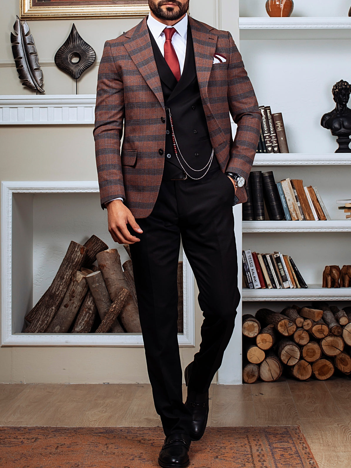 Brown Plaid Slim-Fit Suit 3-Piece