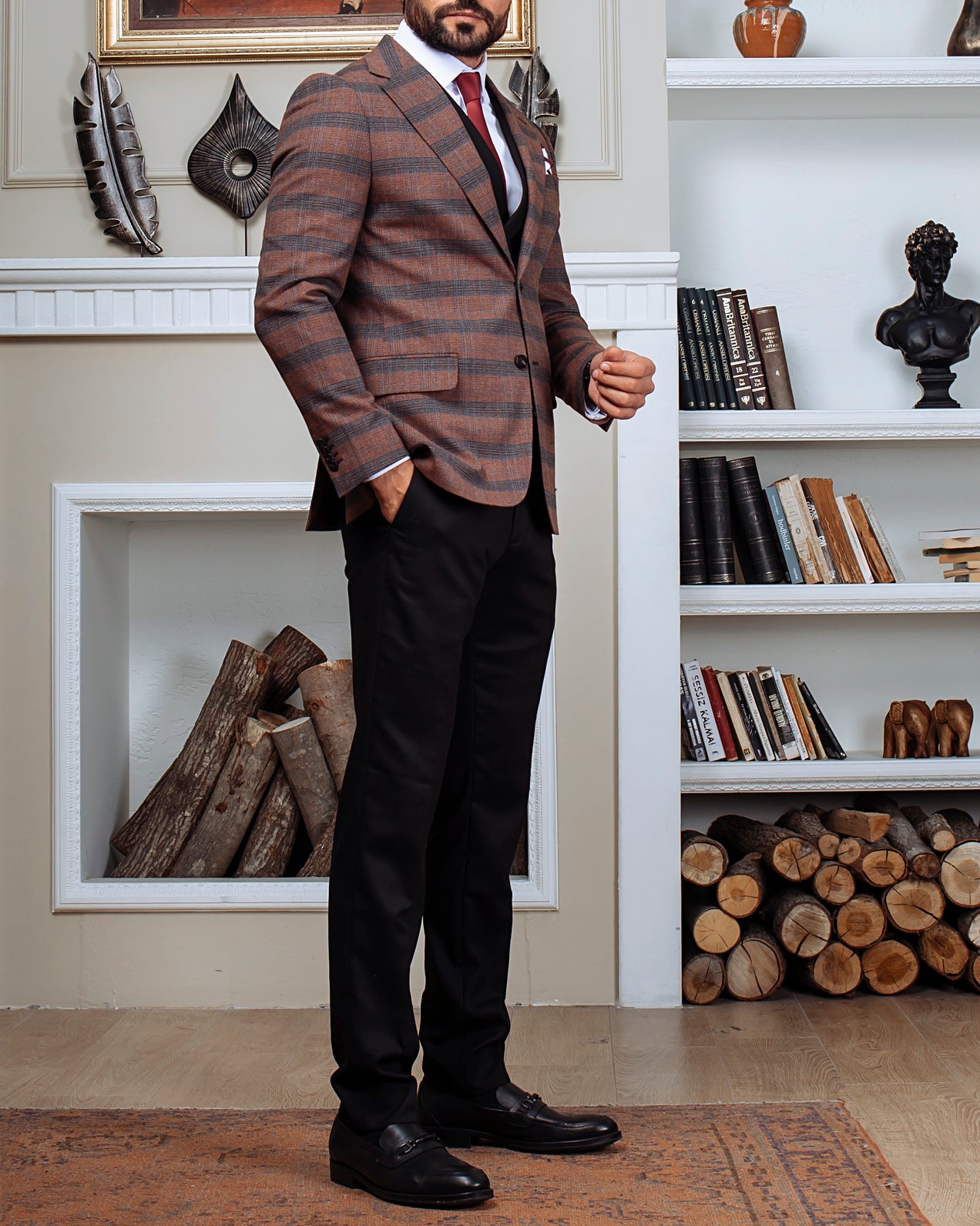 Brown Plaid Slim-Fit Suit 3-Piece