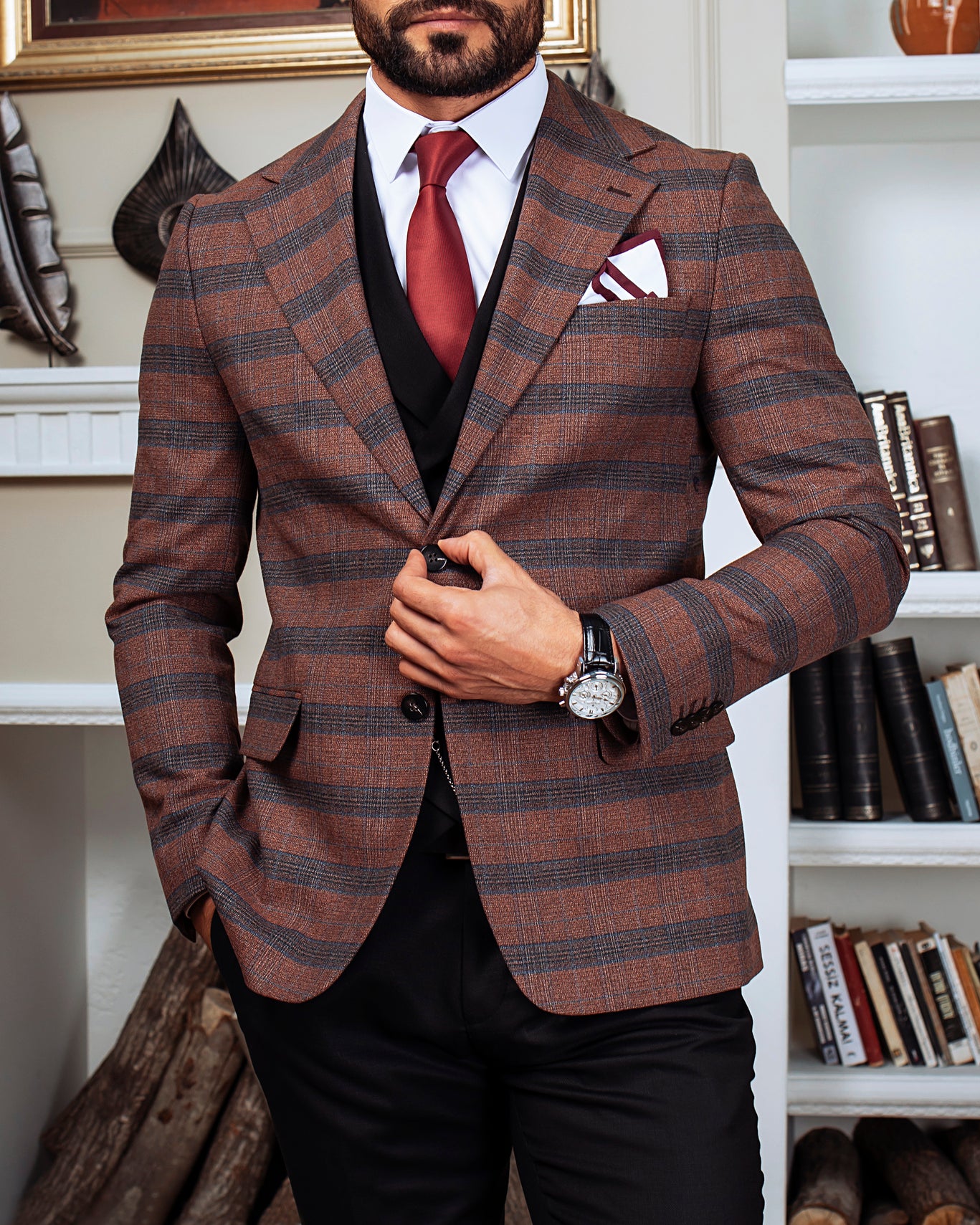 Brown Plaid Slim-Fit Suit 3-Piece