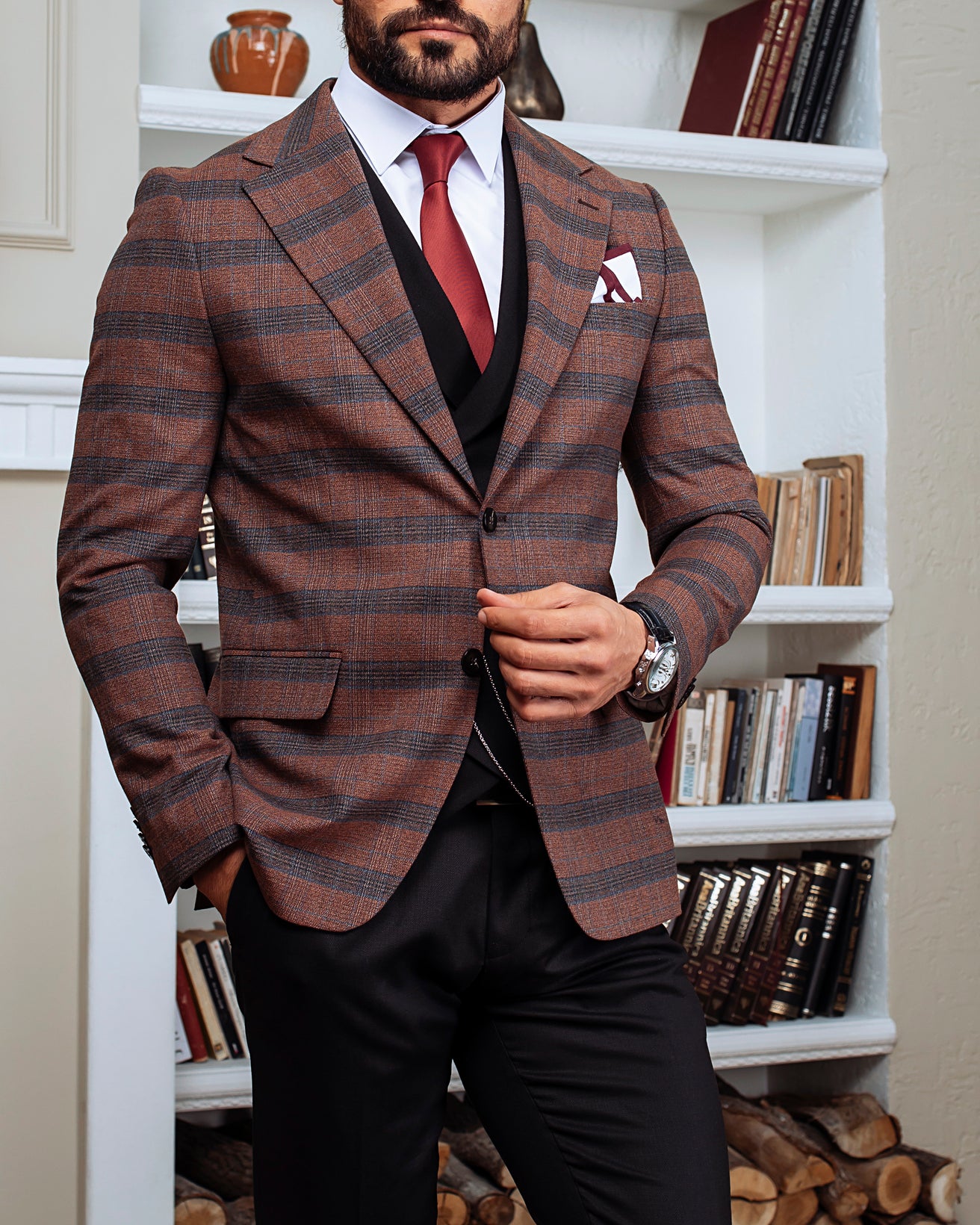 Brown Plaid Slim-Fit Suit 3-Piece