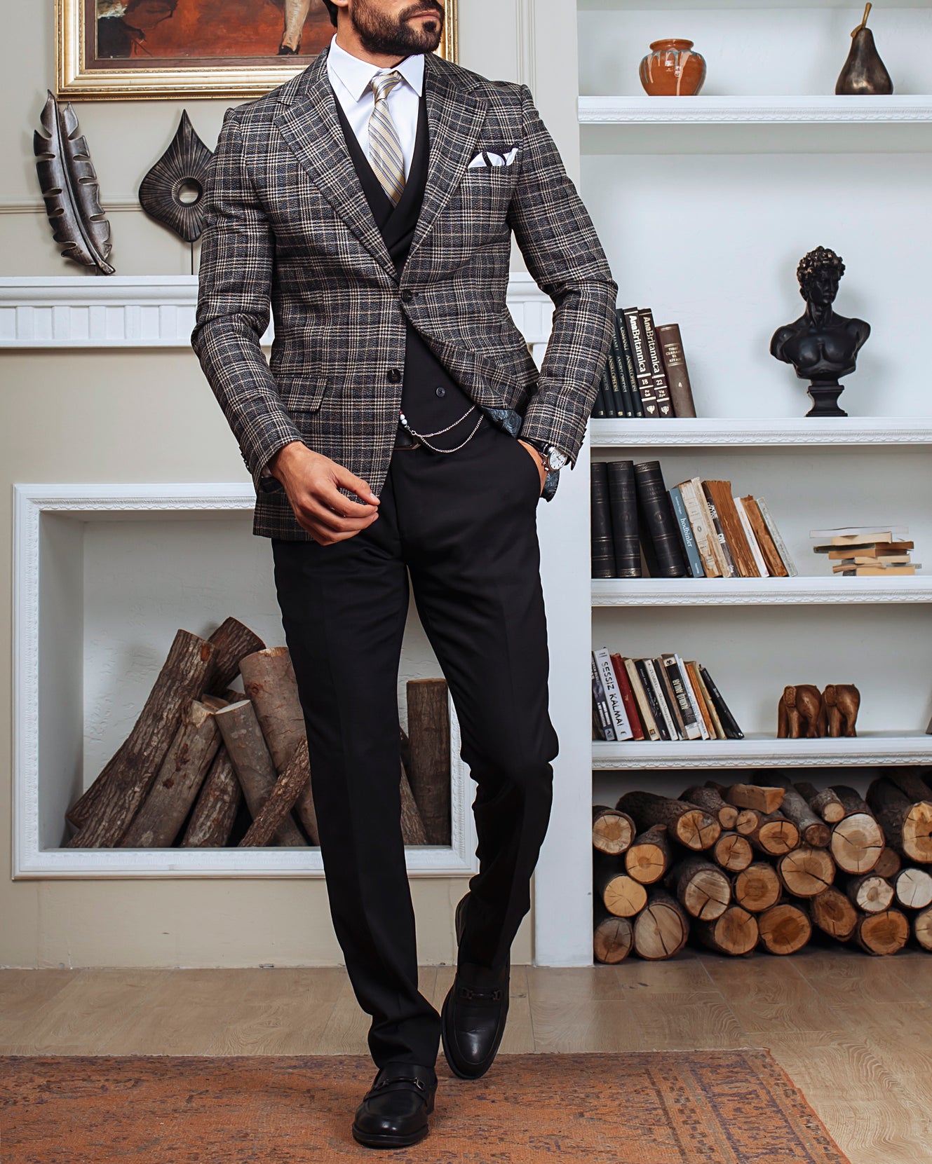 Grey Plaid Slim-Fit Suit 3-Piece