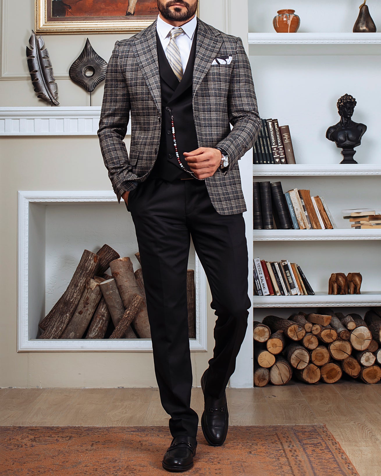 Grey Plaid Slim-Fit Suit 3-Piece