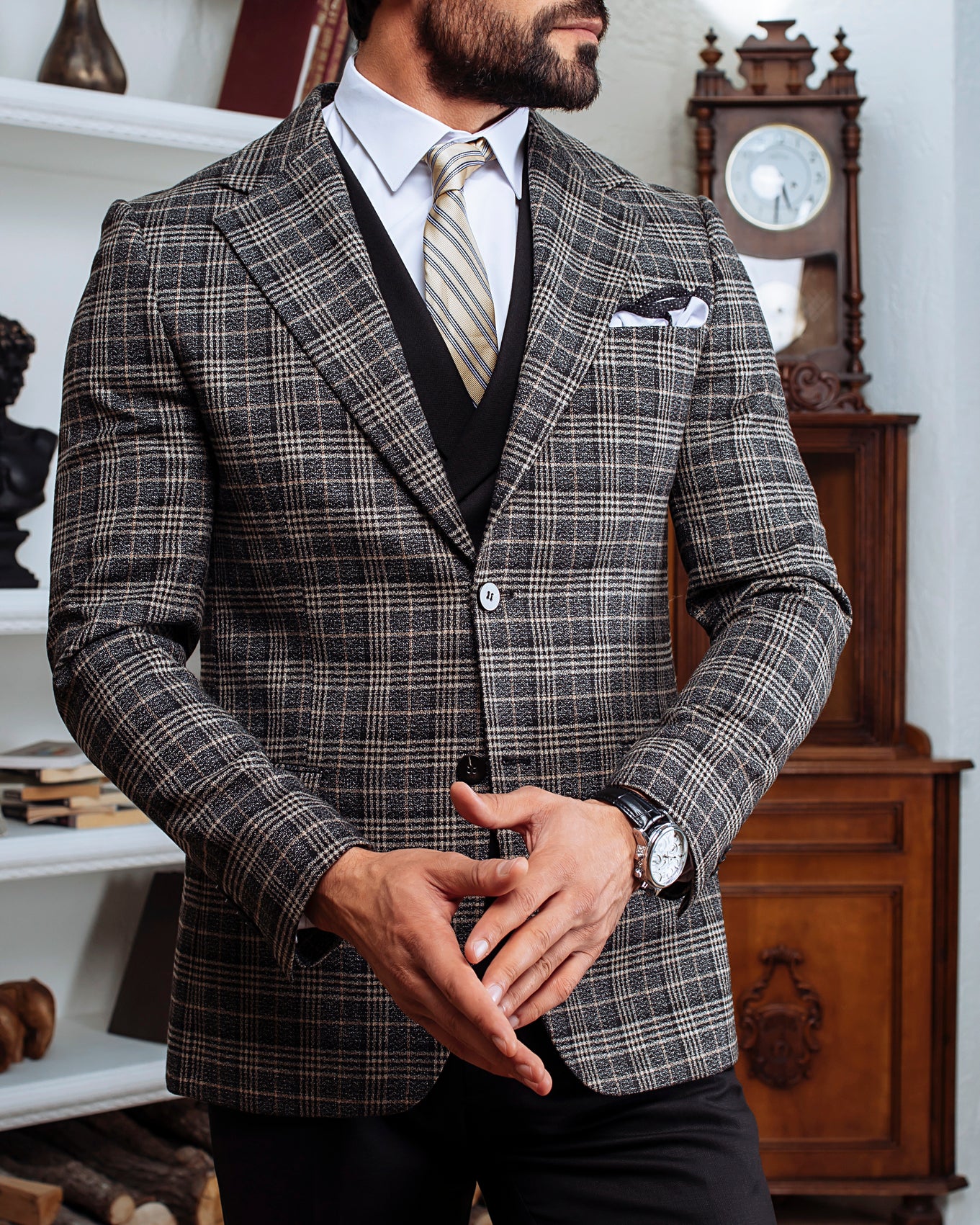 Grey Plaid Slim-Fit Suit 3-Piece