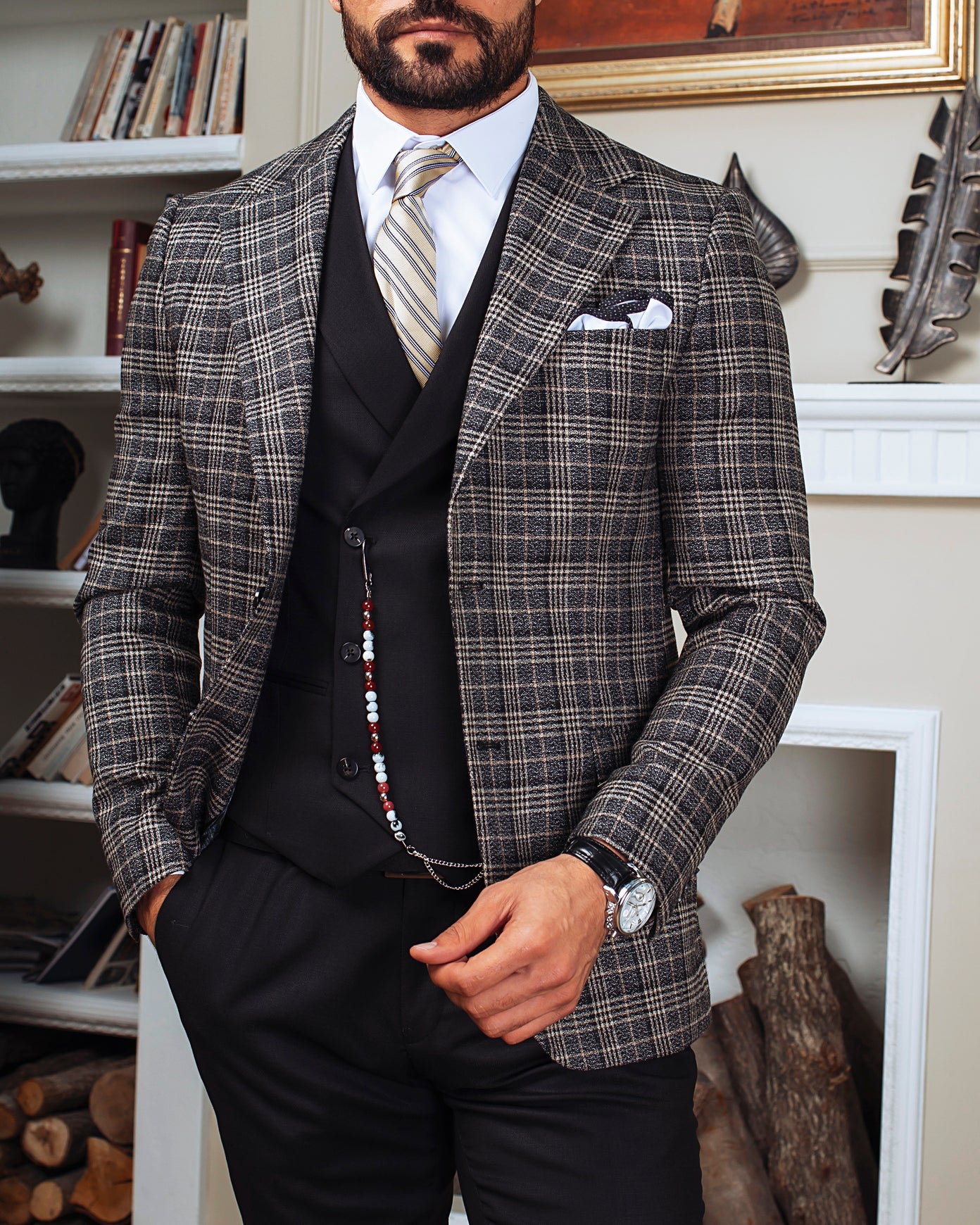 Grey Plaid Slim-Fit Suit 3-Piece